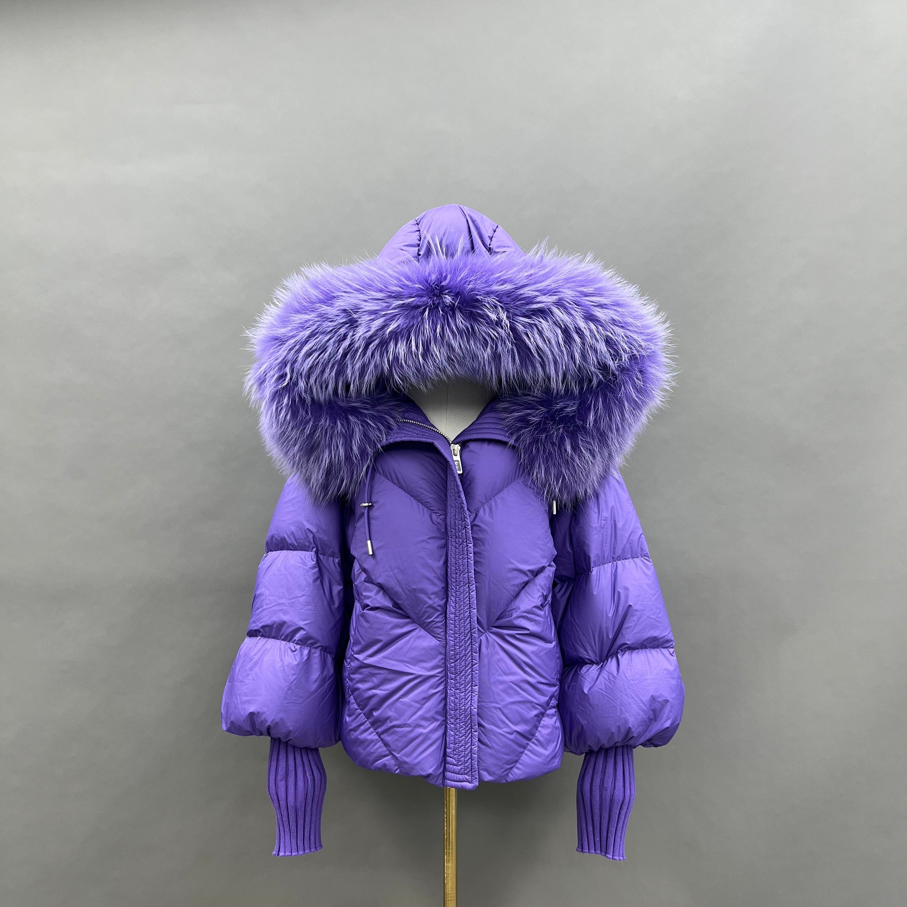 Women’s Black Down Jacket with Real Raccoon Fur Hood – Short Puffer Winter Coat for Elegant Fashion 2#Purple