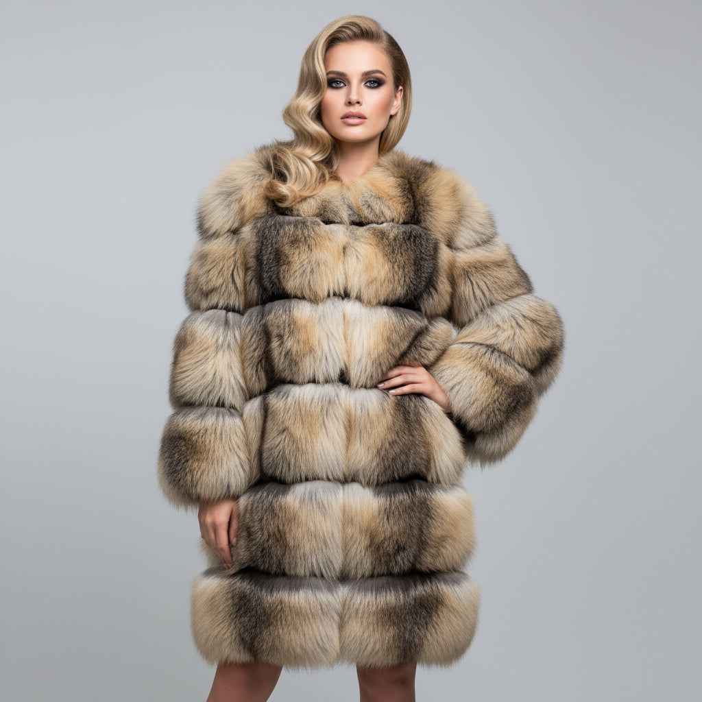 Ultra-Warm Natural Color Fox Fur Long Coat - 6-Panel Layered Design Winter Fur Jacket