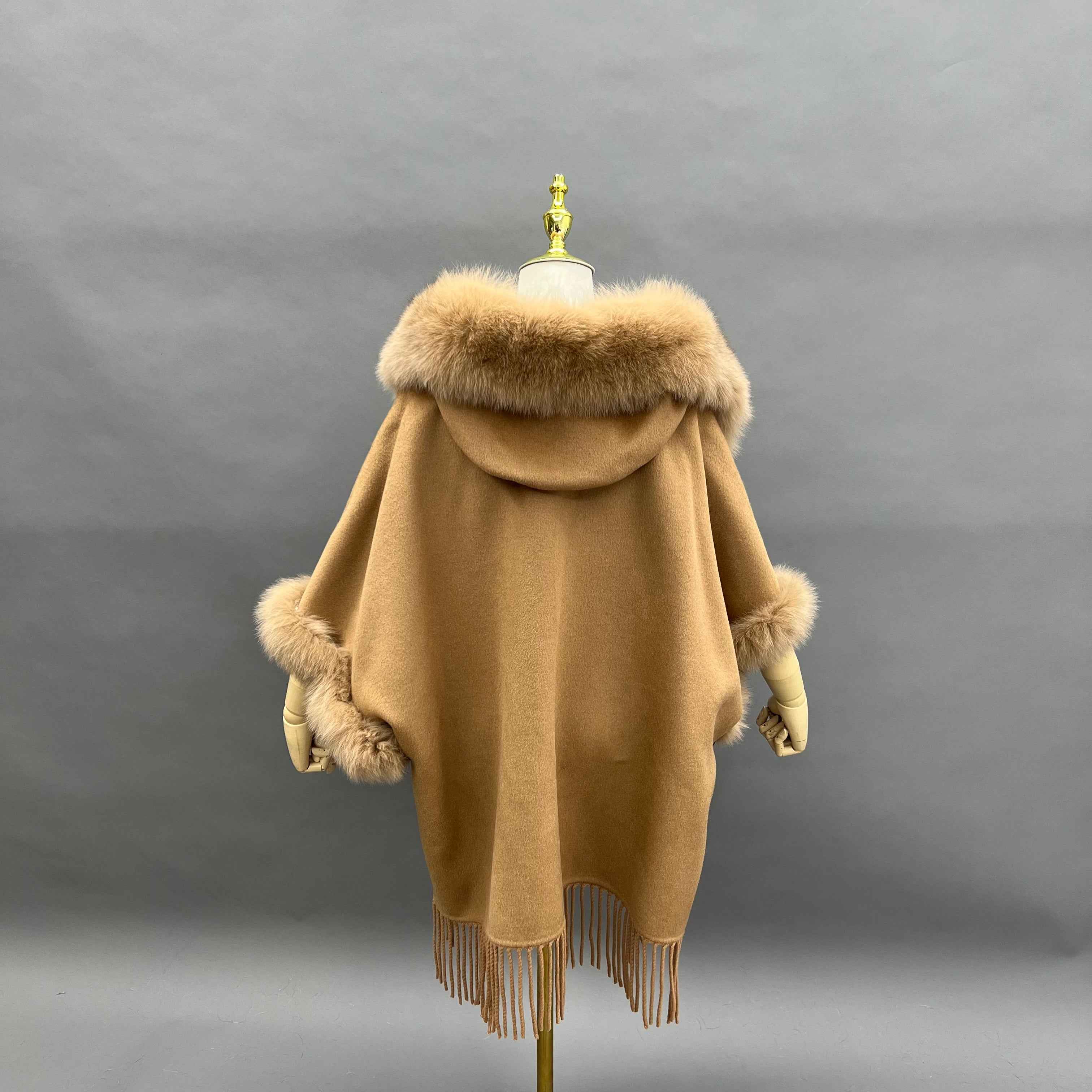 Hooded Double - Faced Wool Cape Coat with Fox Fur Trim and Fringe Hem