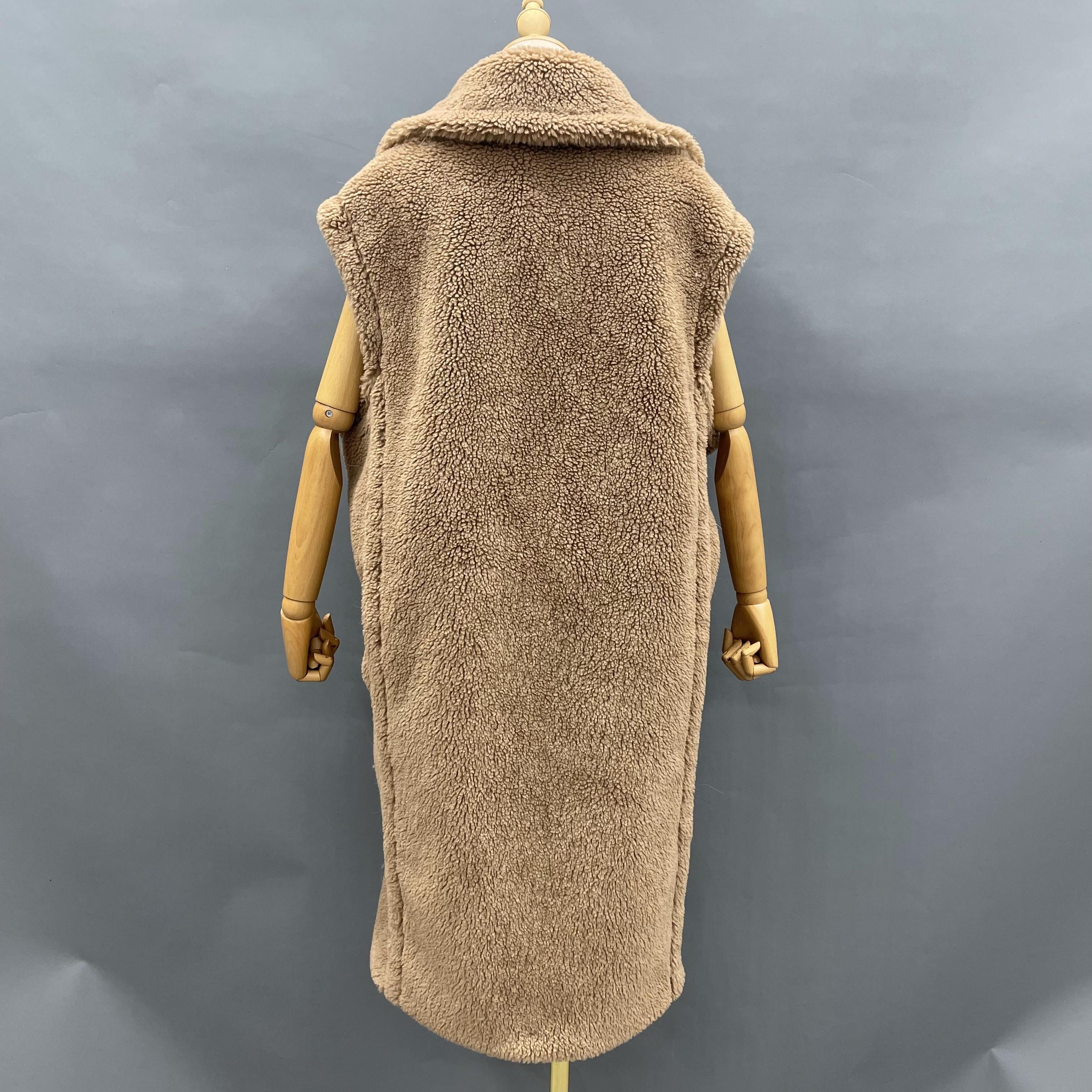 Women's Tan Long Teddy Fleece Vest with Double-Breasted Notched Lapel - Stylish Winter Outerwear