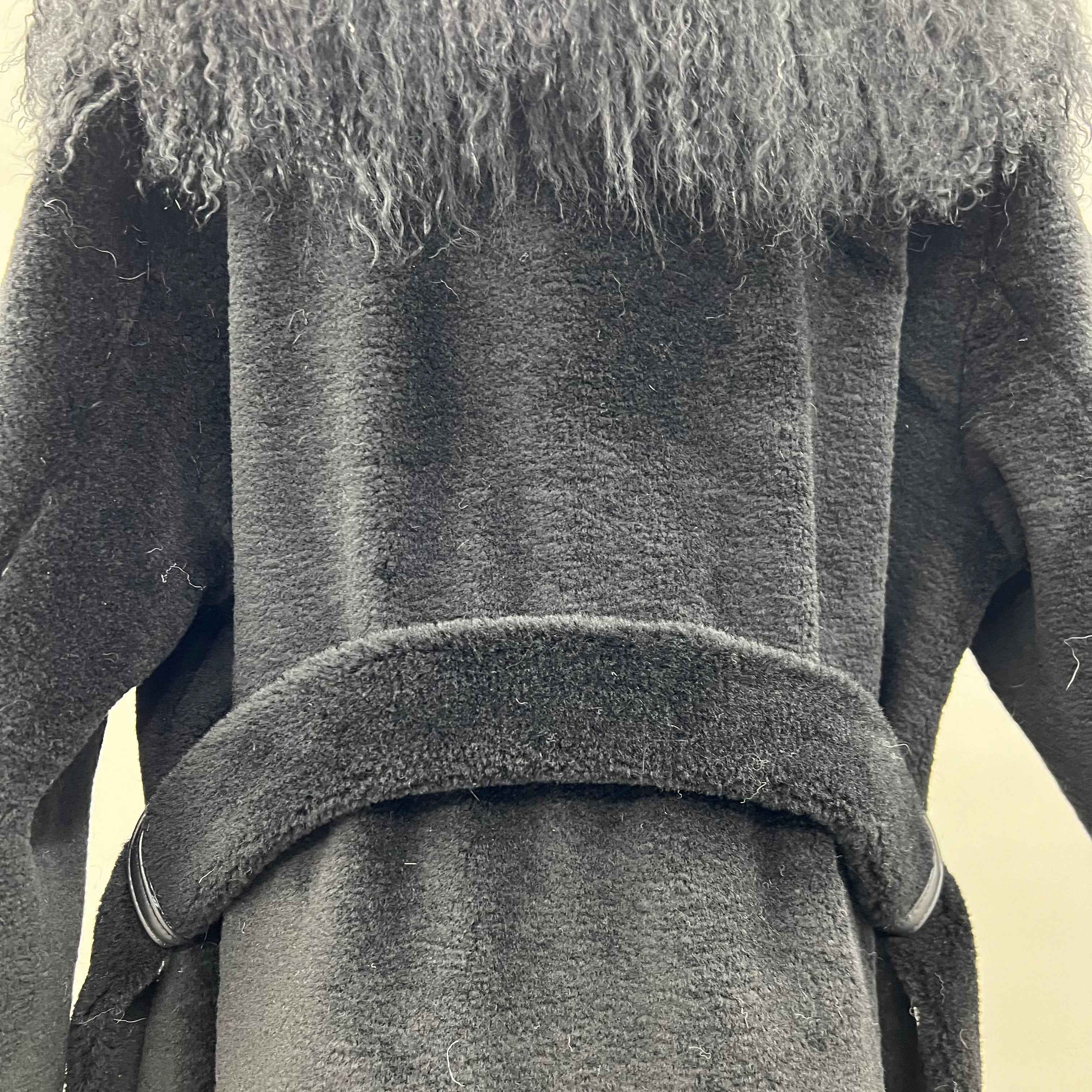Luxury Shearling Long Coat with Tibetan Lamb Fur Trimmed Cuffs & Placket, Belted Design