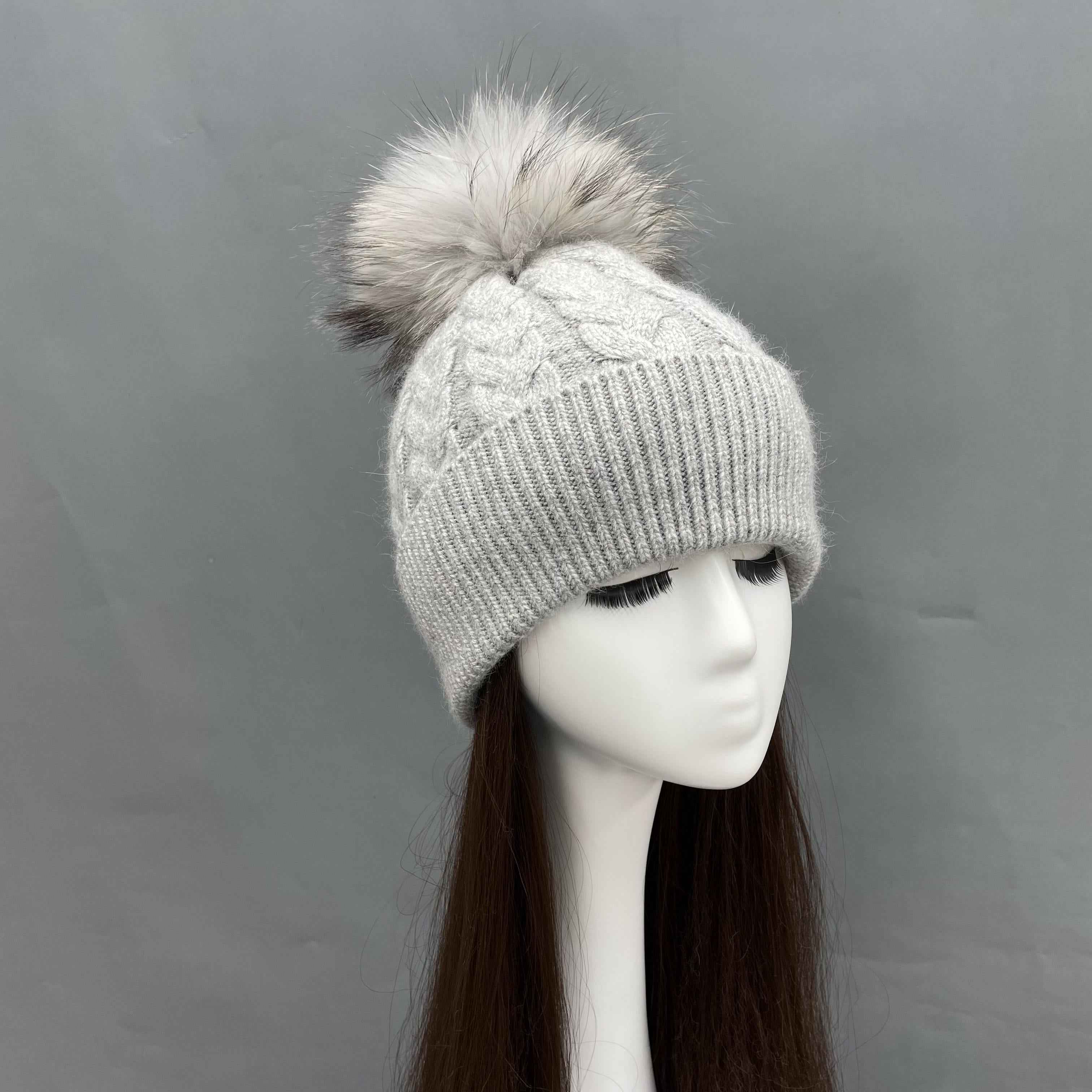 Women's Burgundy Cable Knit Beanie with Matching Raccoon Dog Fur Pom-Pom – Soft Rabbit Blend, Stylish Winter Hat for Holiday & Party Wear 2#Light Grey a22 b40-72