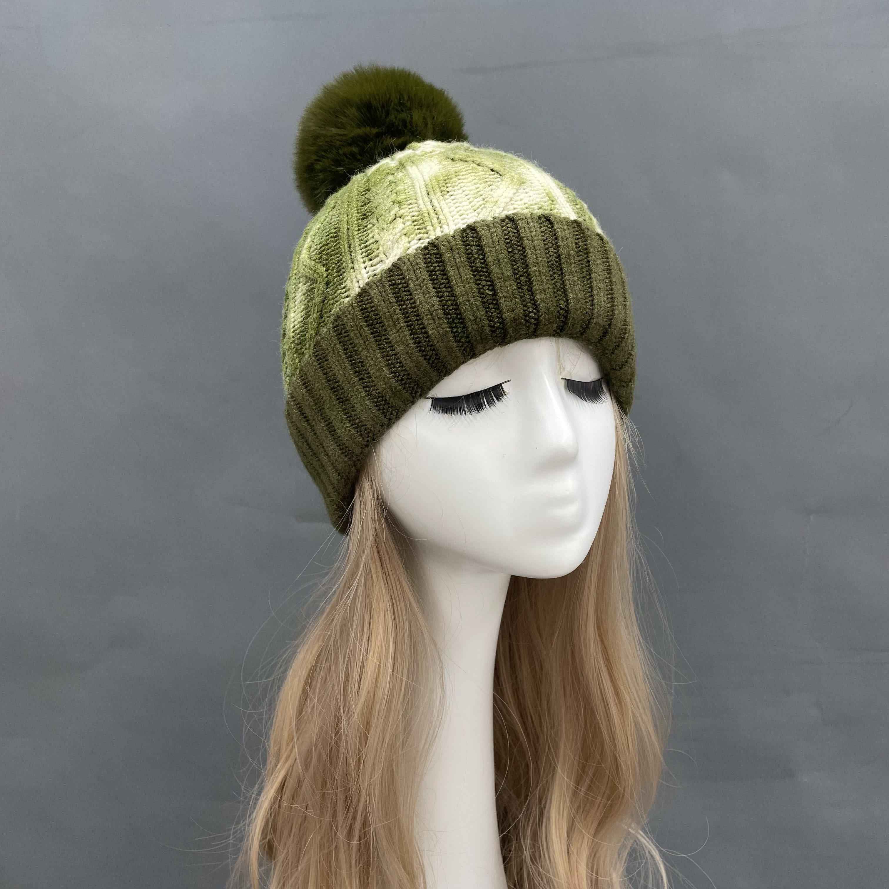 Women's Tie-Dye Knit Beanie with Faux Fur Pom-Pom – Colorful Winter Hat for Women, Trendy & Cozy 3#Olive Green Striped a21 b36-64