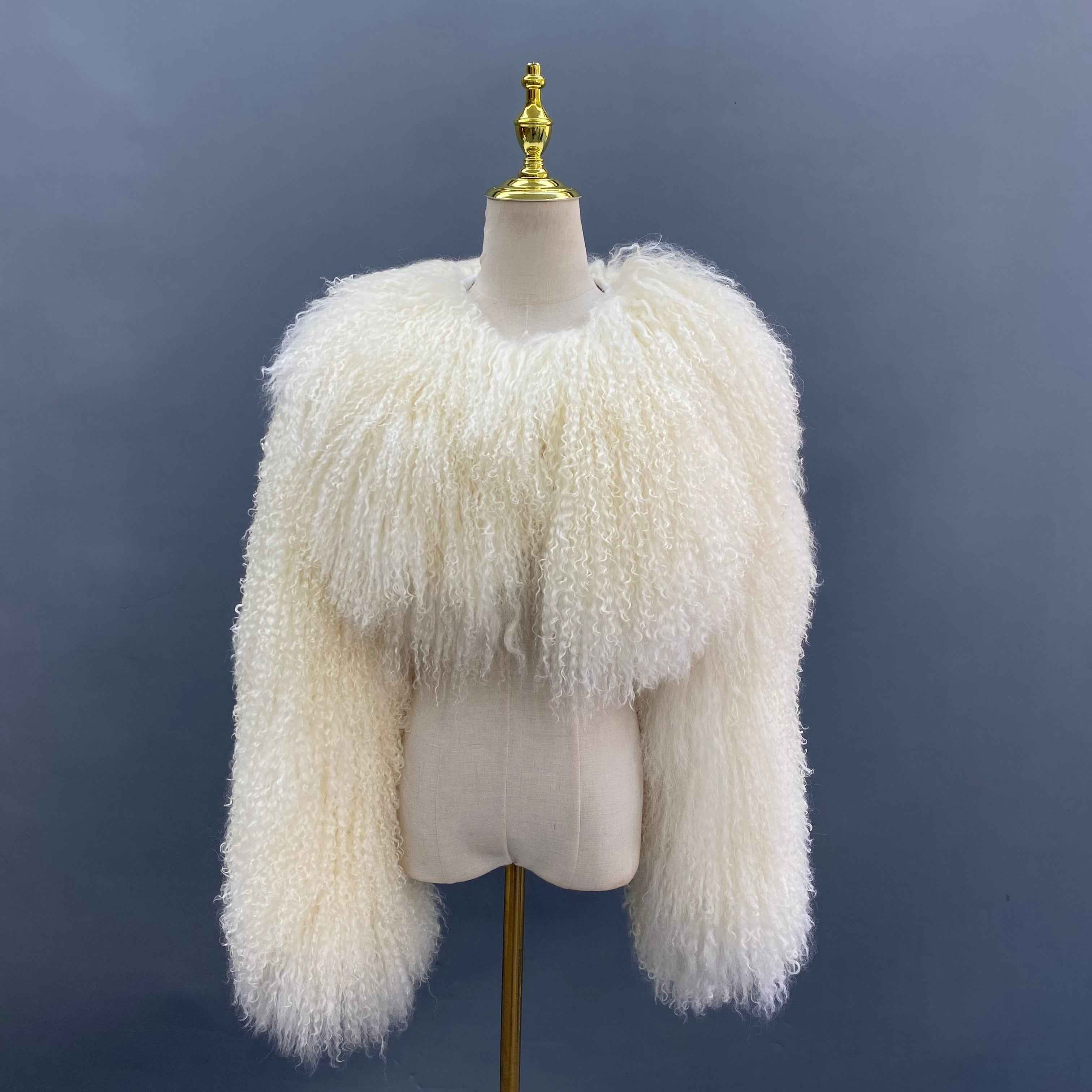 Women's Crop Top Orange Mongolian Lamb Fur Jacket – Short, Curly Hair, Stylish Winter Outerwear for Women 6#White