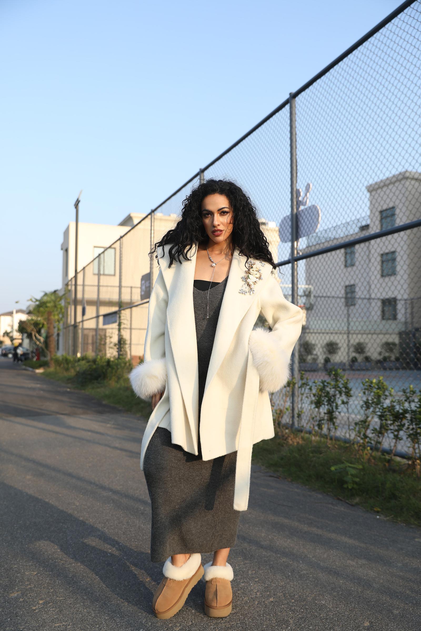 Double-Faced Wool Coat for Women with Elegant Shawl Collar and Rhinestone Flowers Double-Faced Cashmere Jacket - Janefur