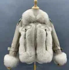 Real Fox Fur Collar Women's Short Fox Fur Stitching Leather Winter Short Coat - Janefur