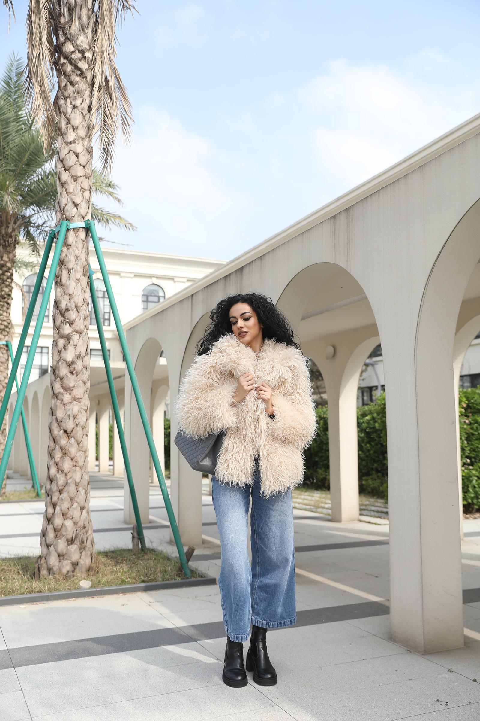 Faux Mongolian Lamb Wool Coat Eco Friendly Mongolian Lamb Wool Women's Elegant Notched Collar Short Coat Jacket - Janefur