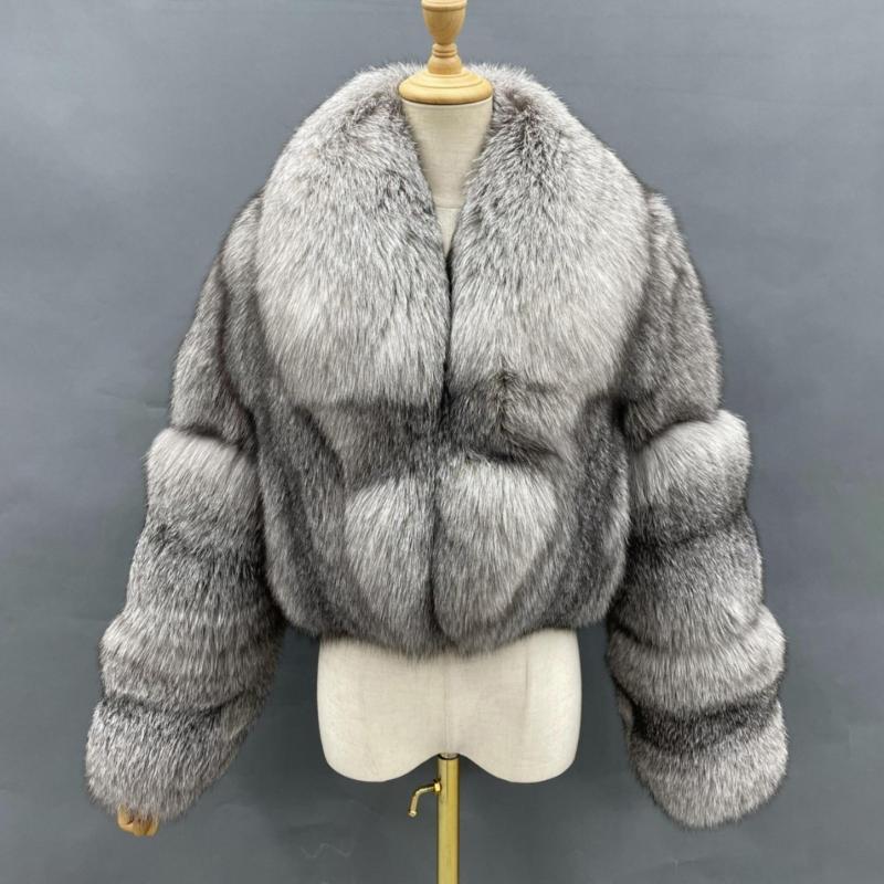 Large Fox Fur Collar Short Casual Women's Fur Coat - Janefur