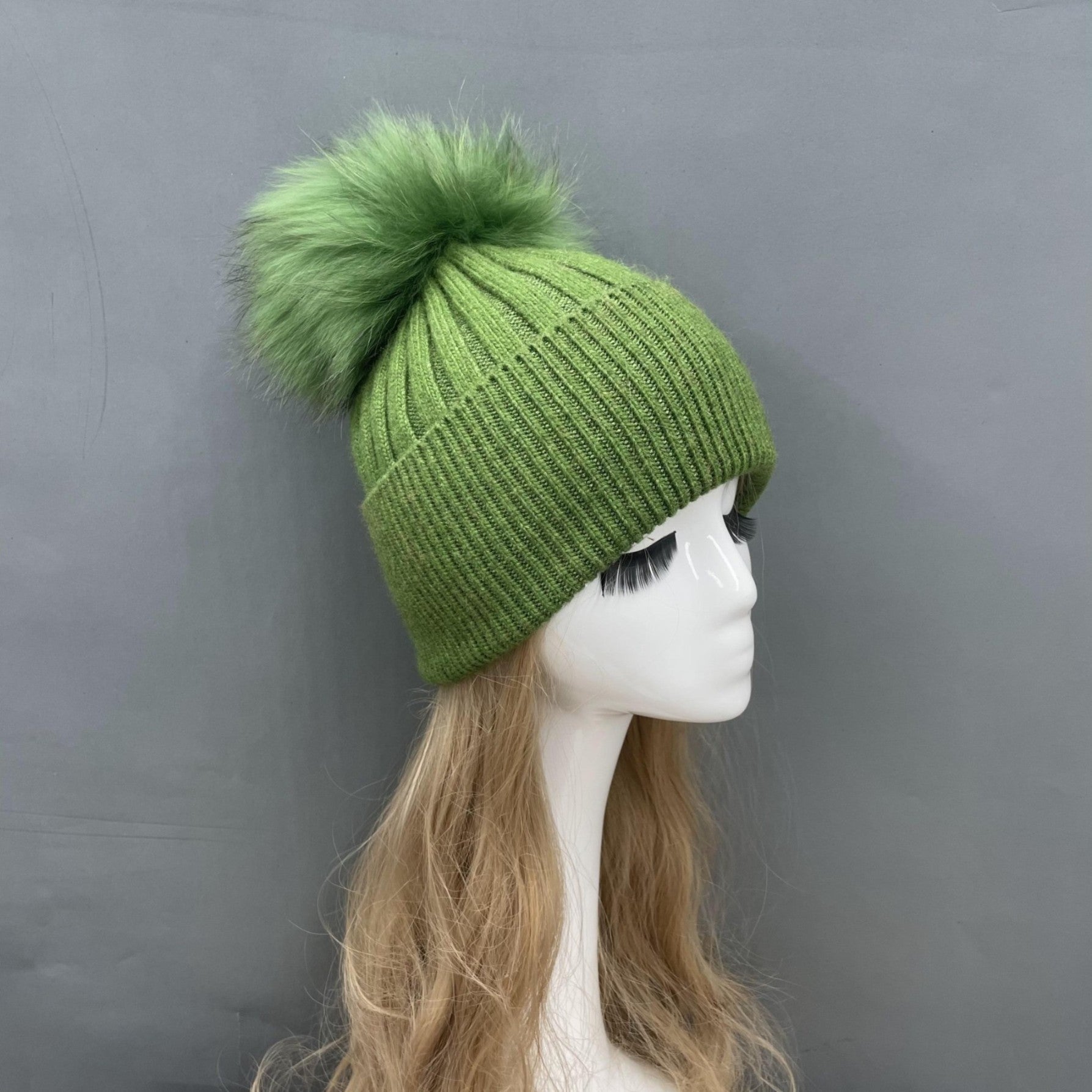 Winter Knitted Angora Beanie Hat With Removable Fur Pom Pom - Janefur