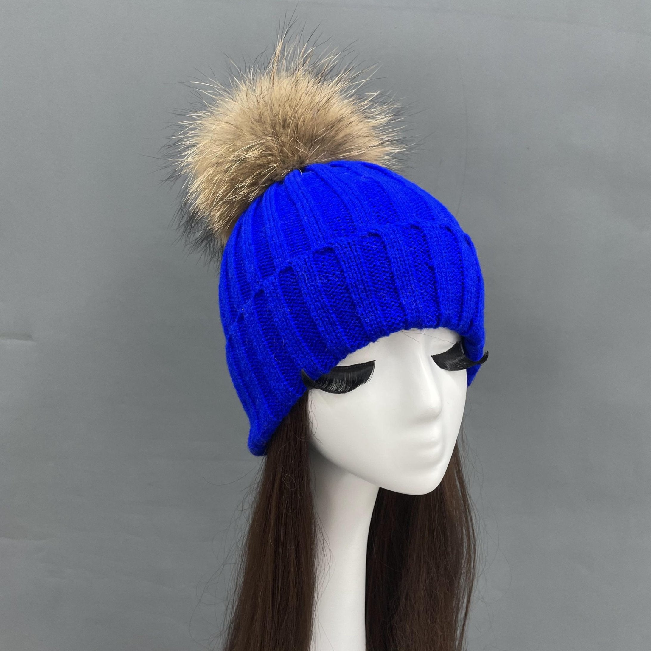 New Fall And Winter Striped With Fur Pom Pom Acrylic Hat - Janefur