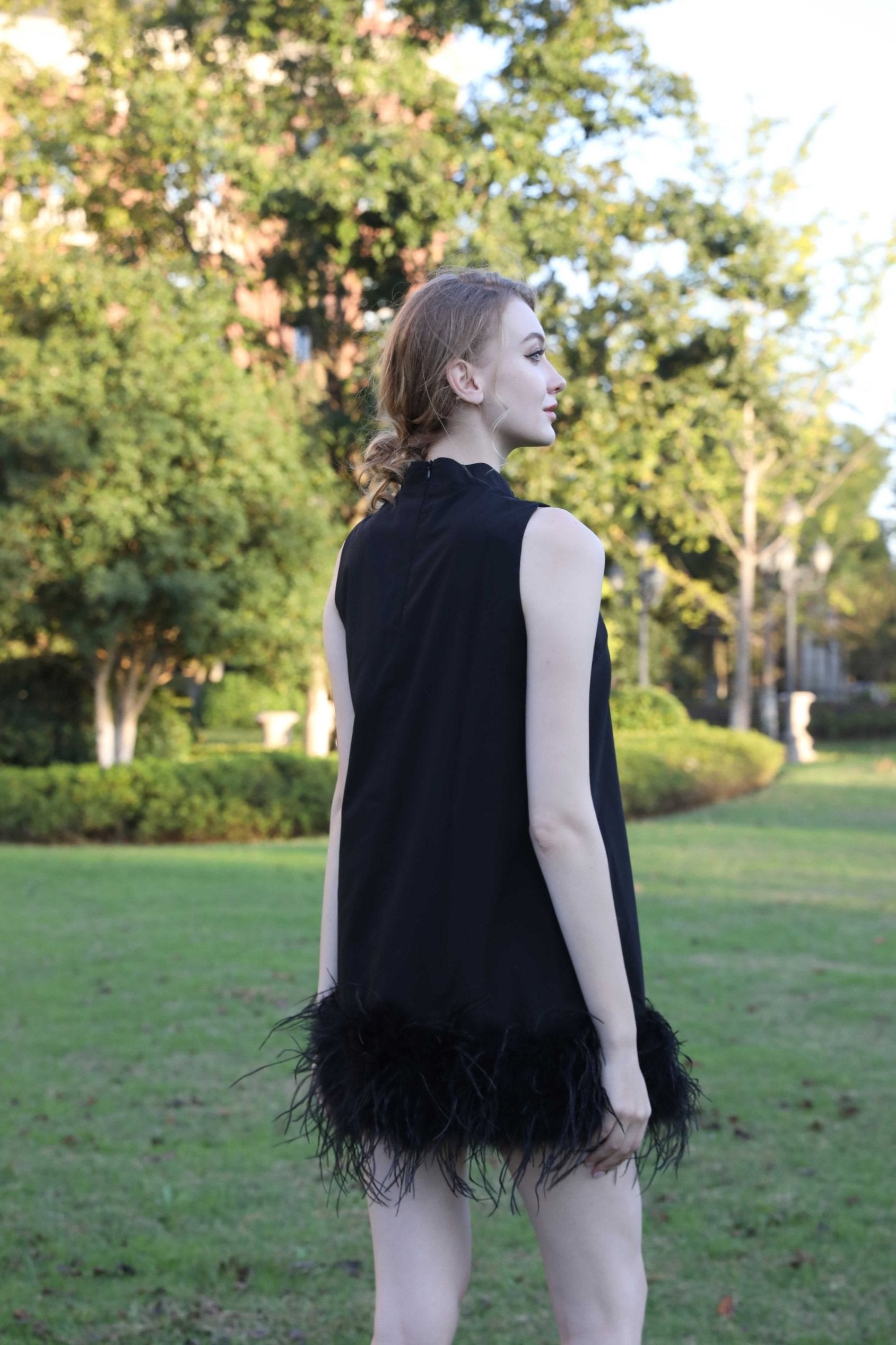 Long Dress With Ostrich Feather Hemline - Janefur
