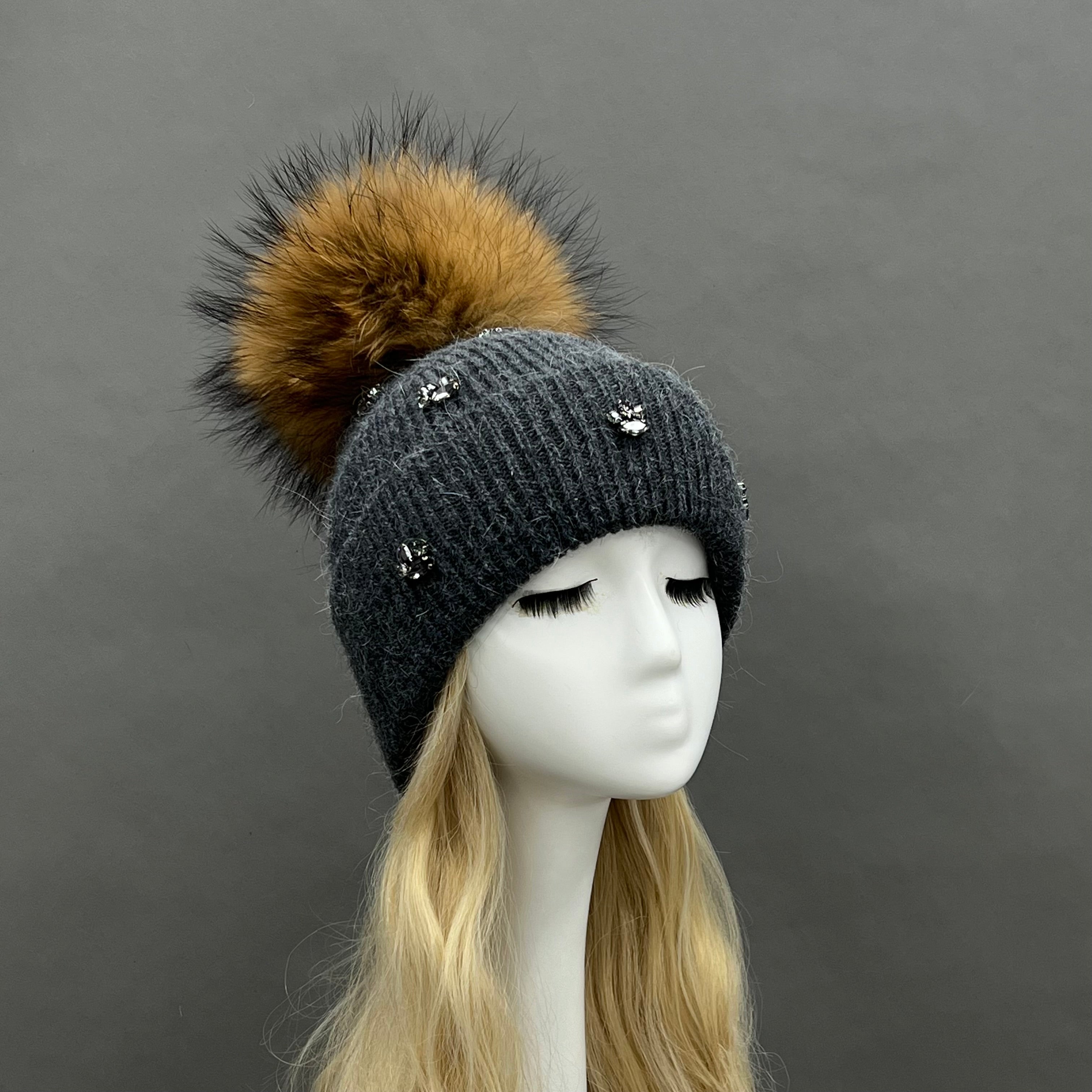 Ladies' Rabbit Fur Hat with Small Rhinestone Pompoms for Casual Wear - Janefur