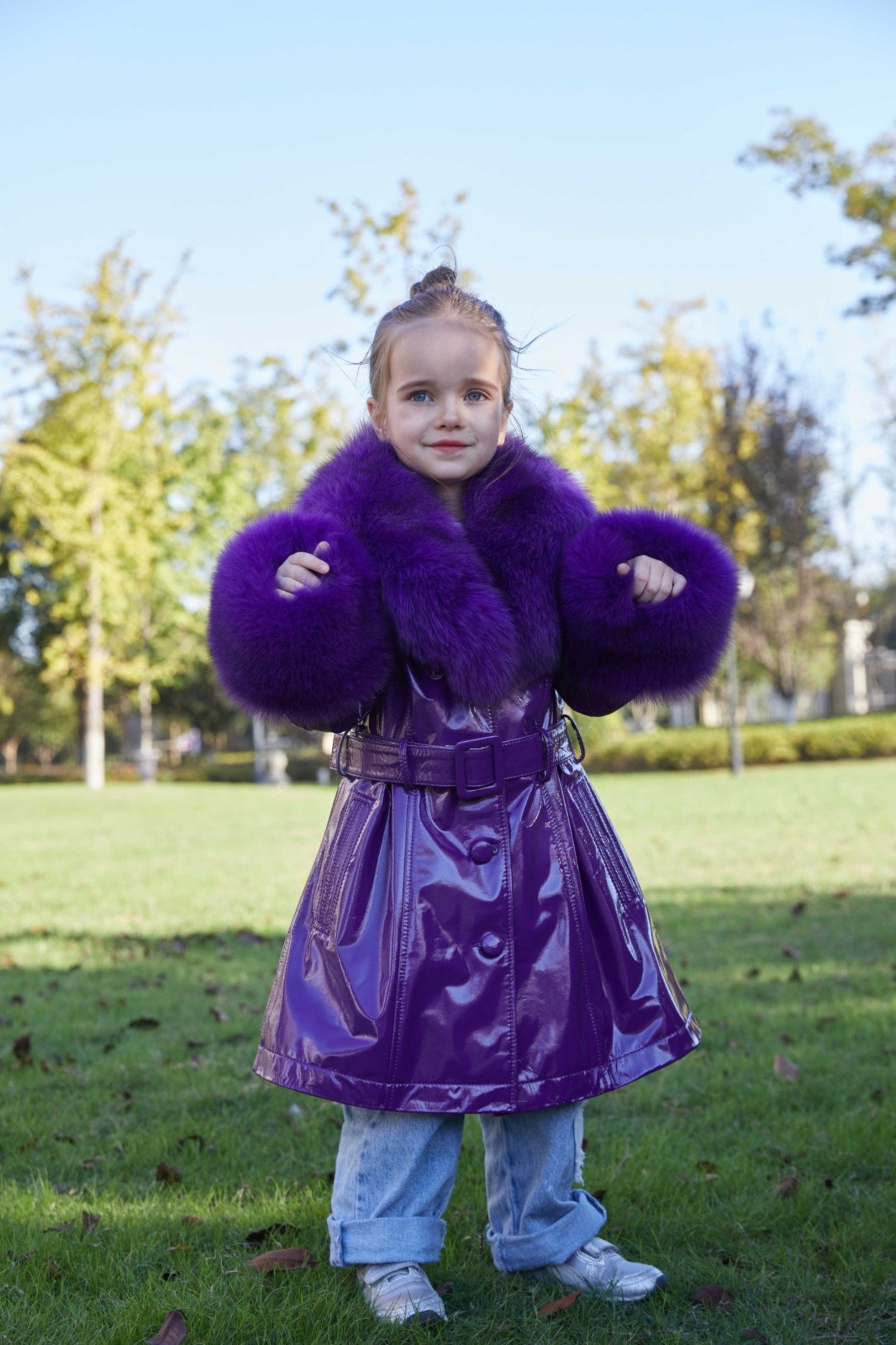 Children's Large Flip Collar Collar Terry Long Shiny Leather Jacket - Janefur