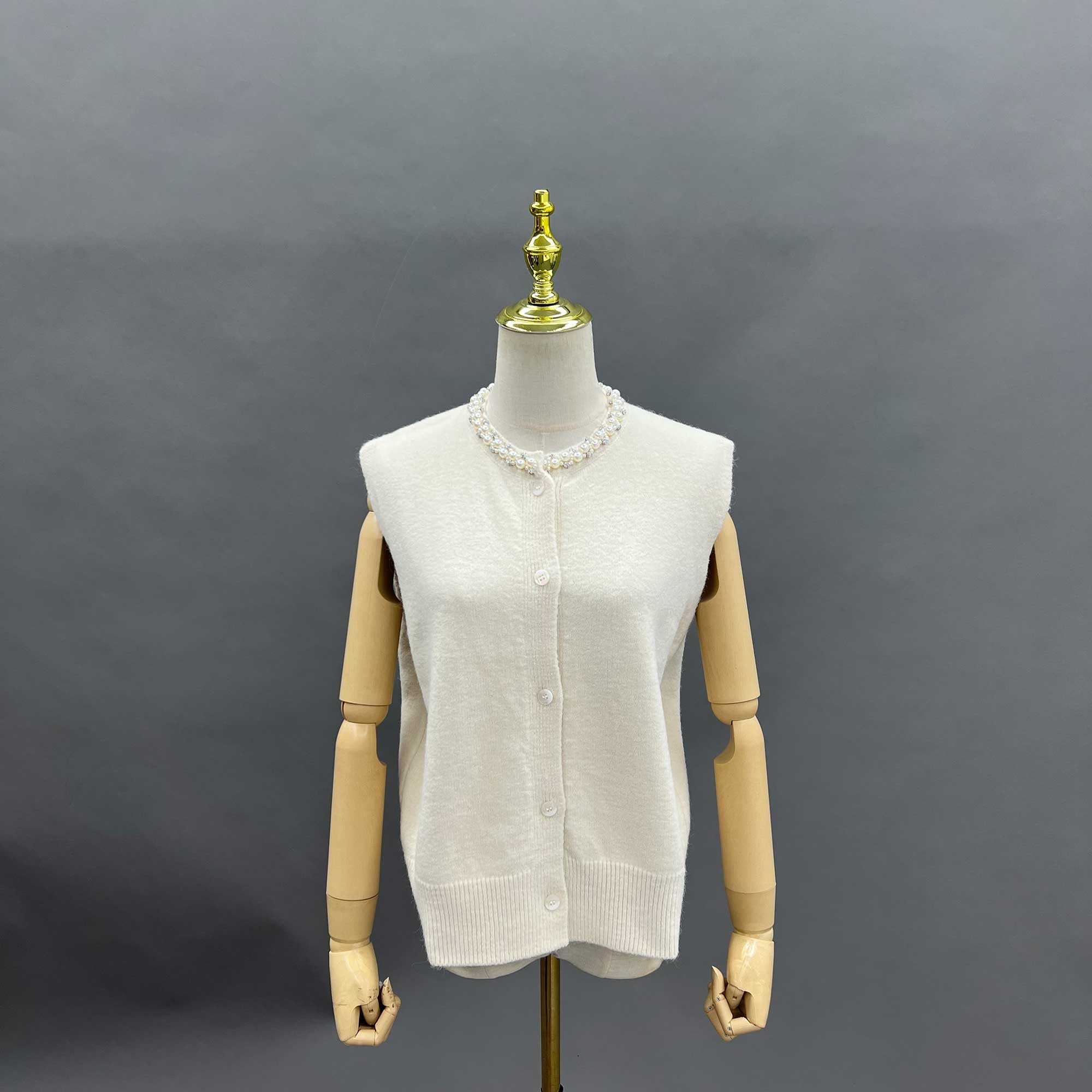 Janefur Womens Knitted Sleeveless Vest Neckline Pearl Decoration Fashion Vest - Janefur
