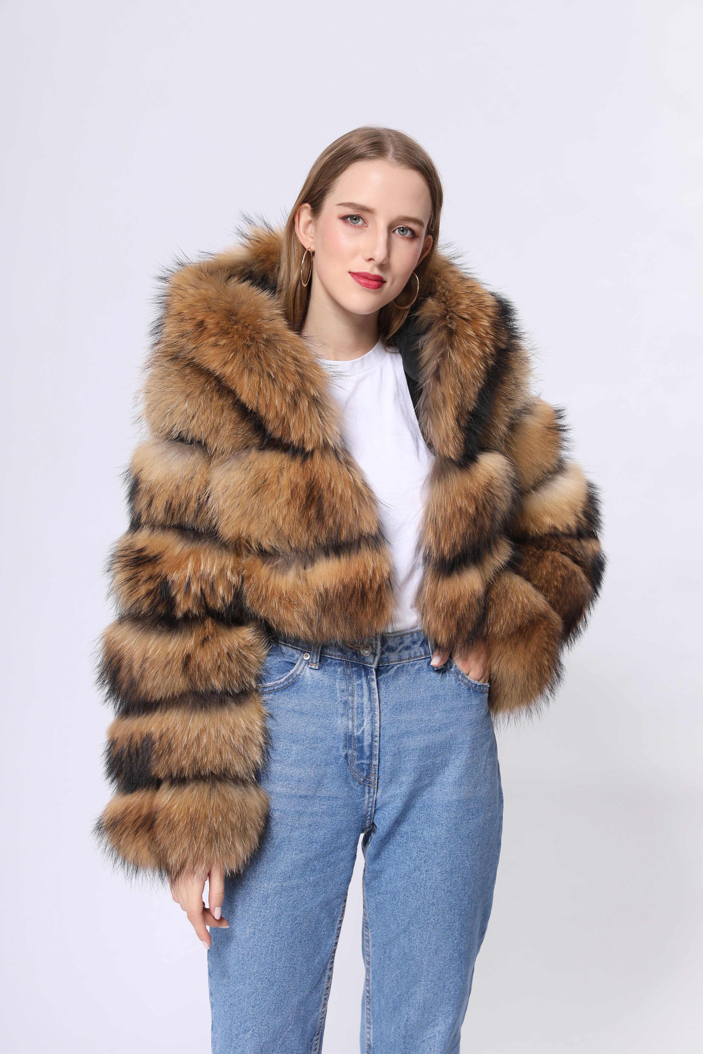 Fashion coat winter natural raccoon fur hooded short women's jacket - Janefur