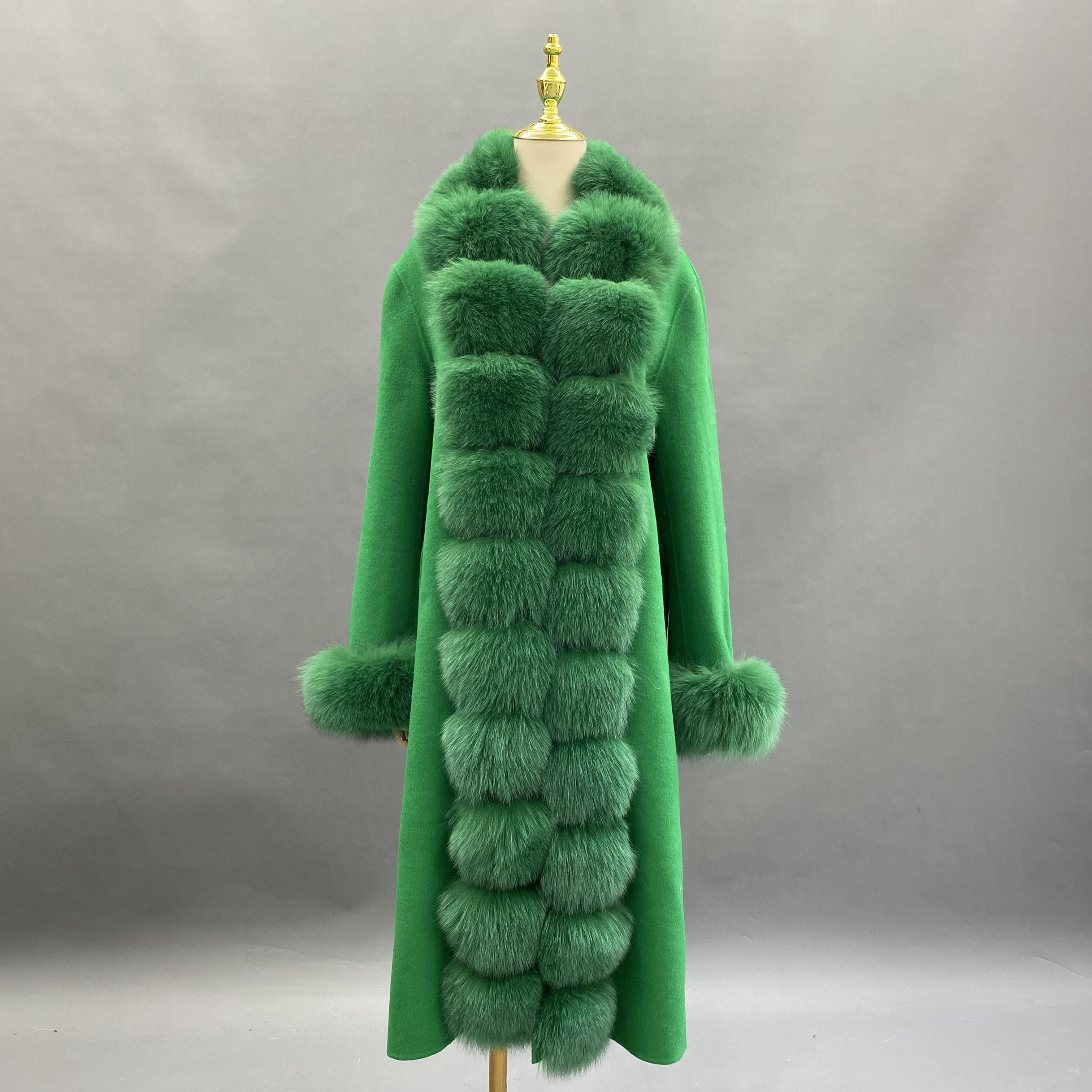 Segmented Fox Fur Front Wool Coat with Fur Cuffs - Janefur