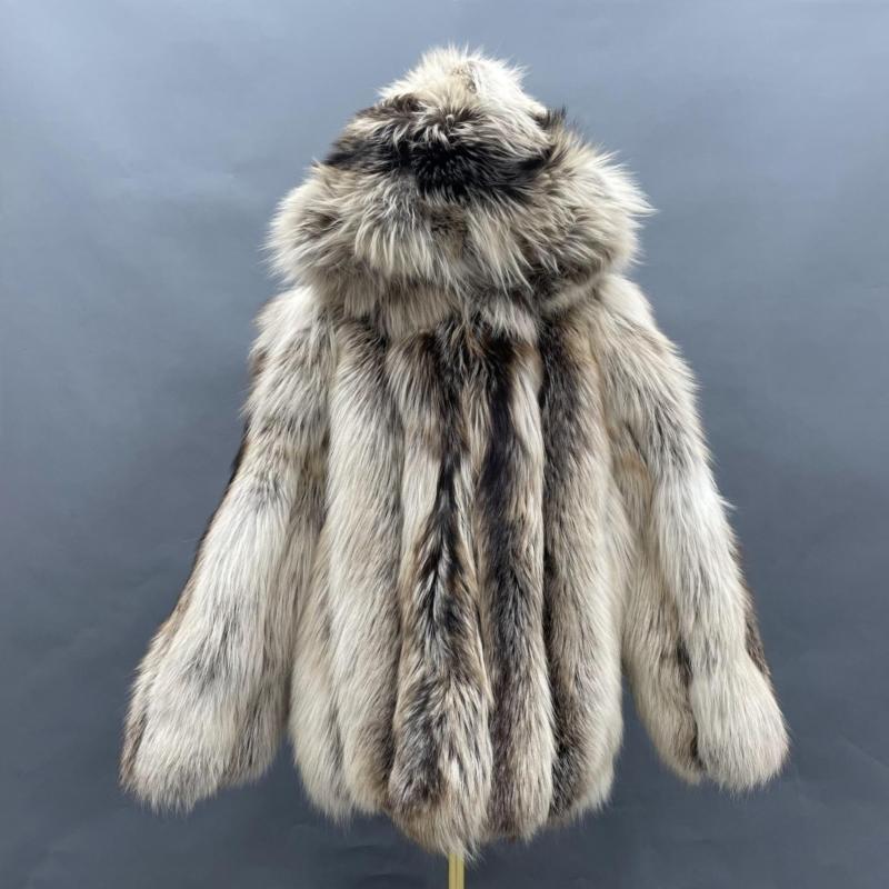 Classic Design Vertical Stripe Natural Color Fox Fur Coat Big Hood Luxury Fluffy Clothing - Janefur