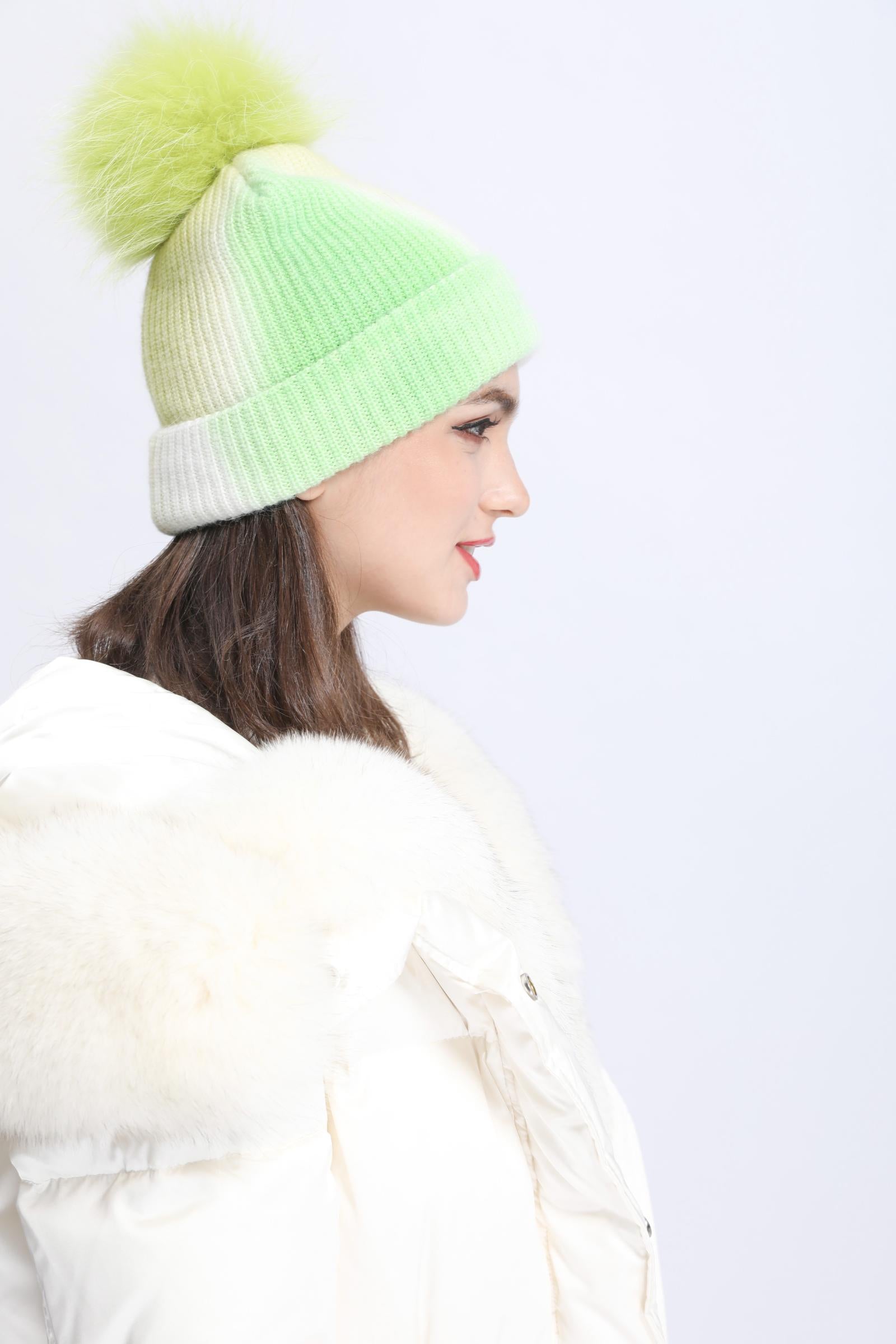 Ladies Gradient Angora Knitted Hat Fur Pom Pom - Janefur