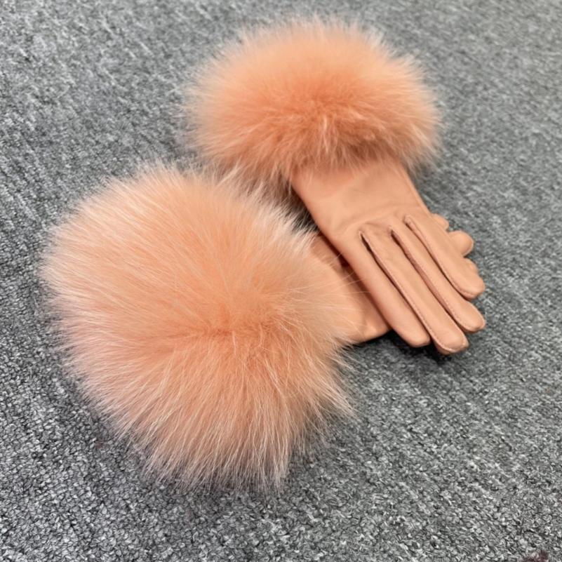 Fox Fur Leather Gloves Rose - Janefur