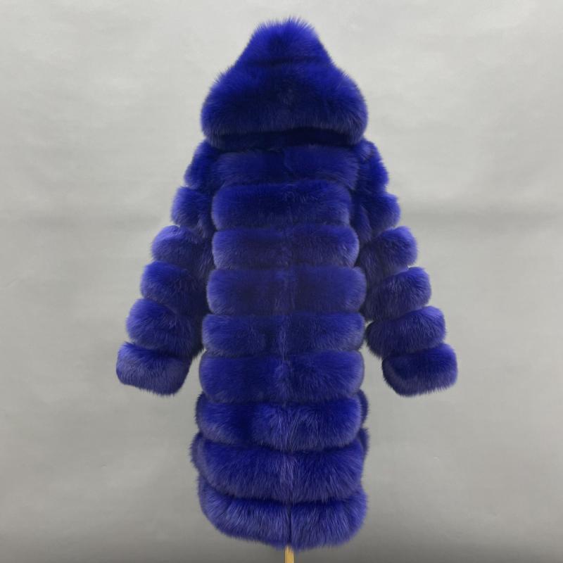 Long Blue Fox Hooded Fox Fur Coat - Janefur