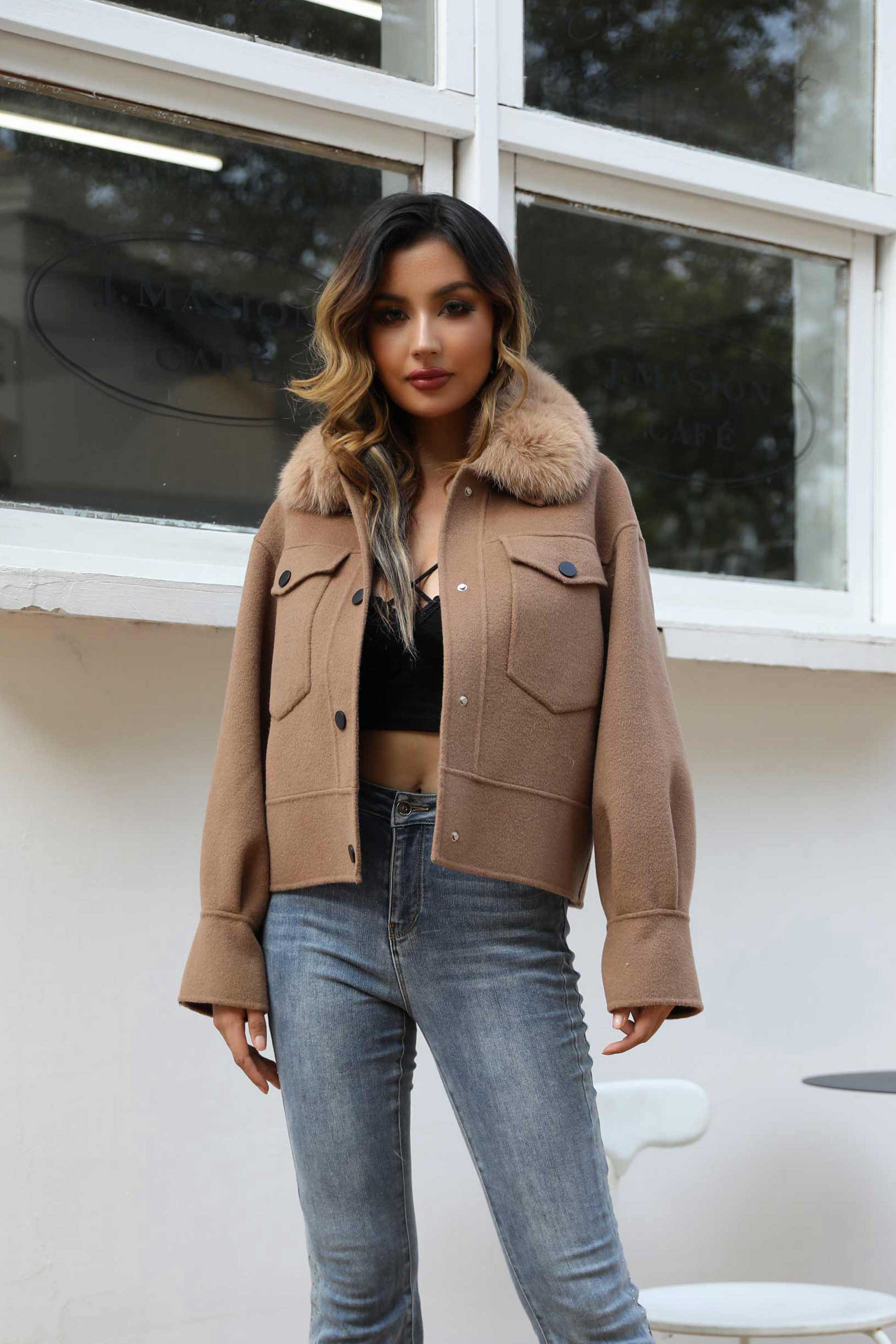 Women's Short Fox Fur Lapel Buckle Fly Casual Cashmere Jacket - Janefur