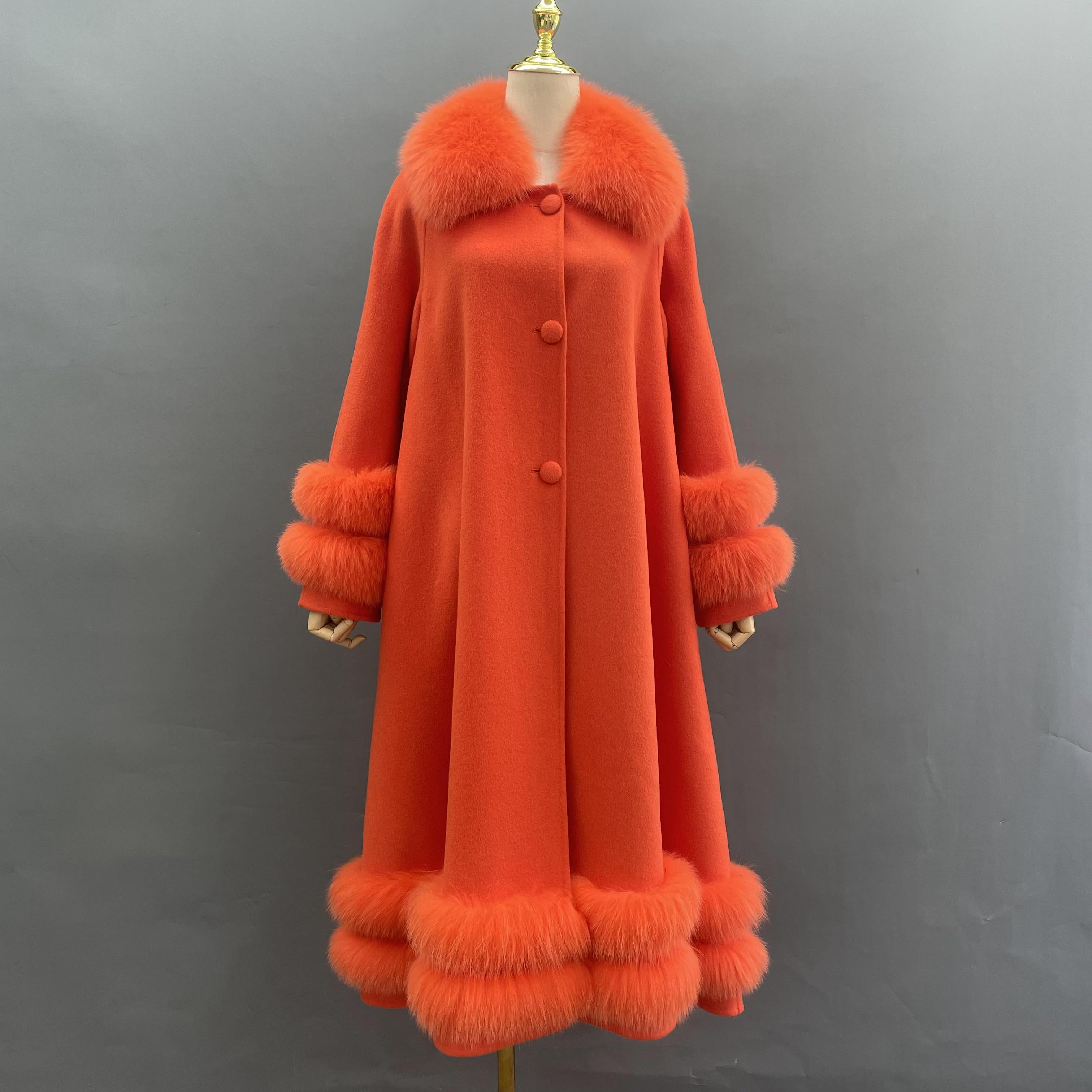Women's Double Sided Cashmere Coat with Two Sections of Fur Collar at Hem and Cuffs - Janefur
