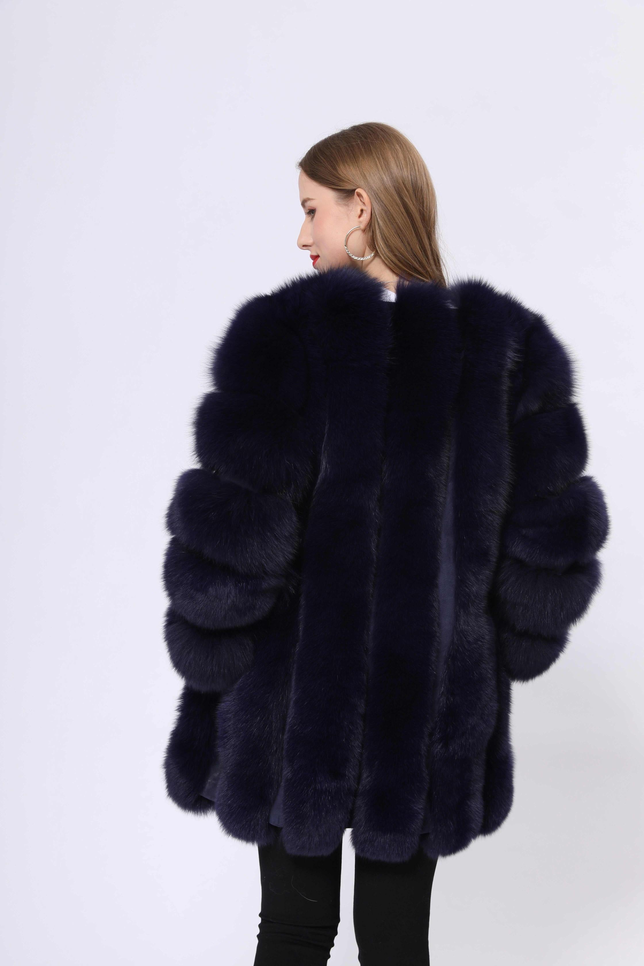Fashion Women's Long Fox Fur Coat Vertical Stripes Solid Color - Janefur