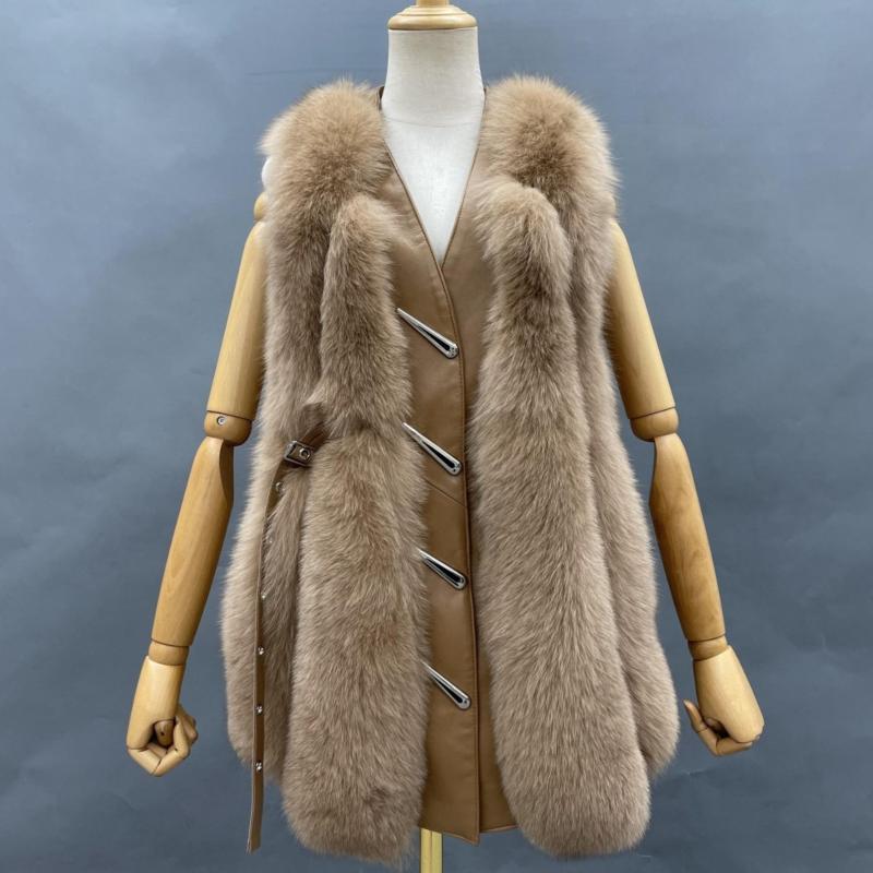 Vertical Stripe Buckle Decorated Draped Fox Fur Vest (Long) - Janefur