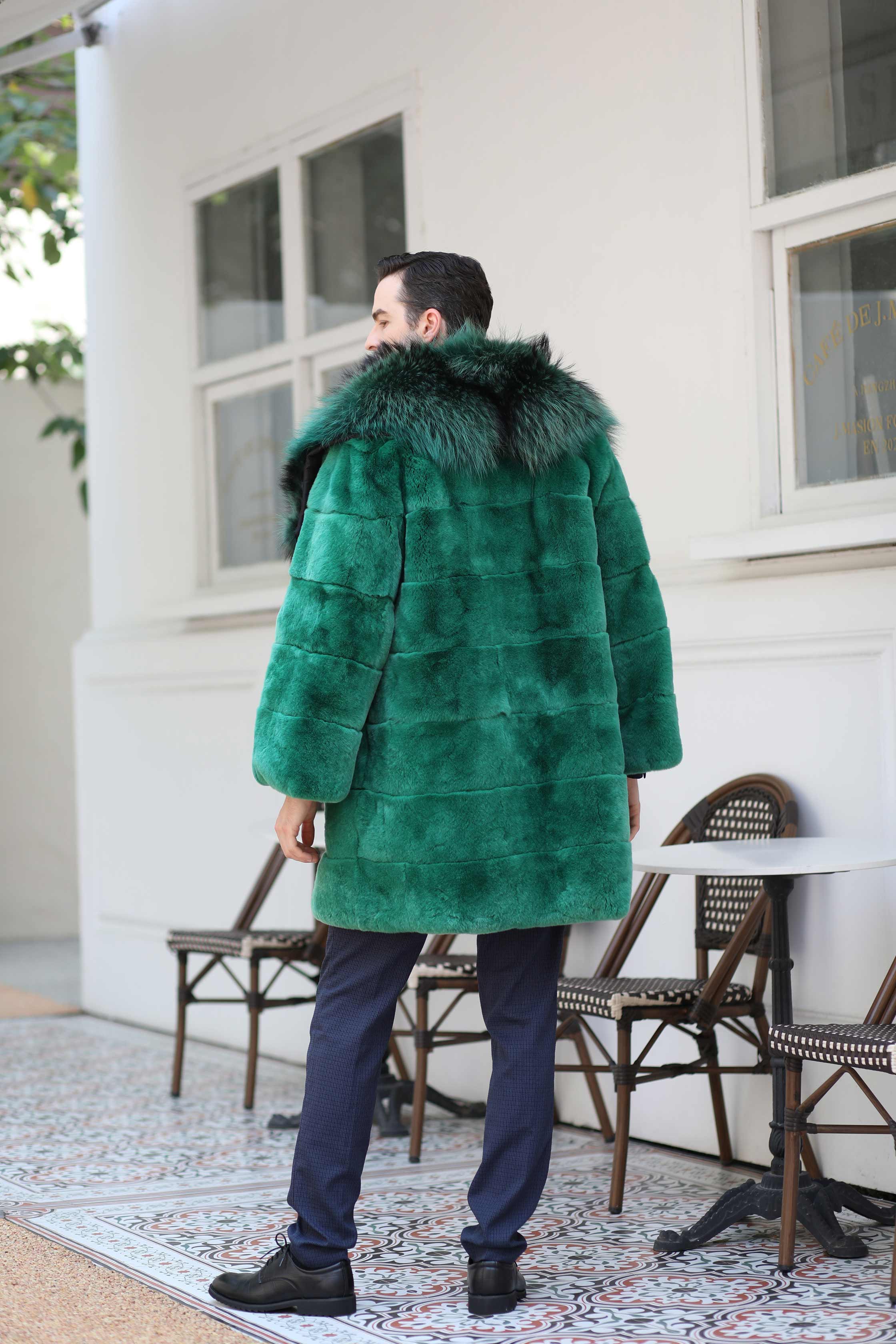 Luxury Winter Men's Long Raccoon Fur Collar Rabbit Fur Coat - Janefur