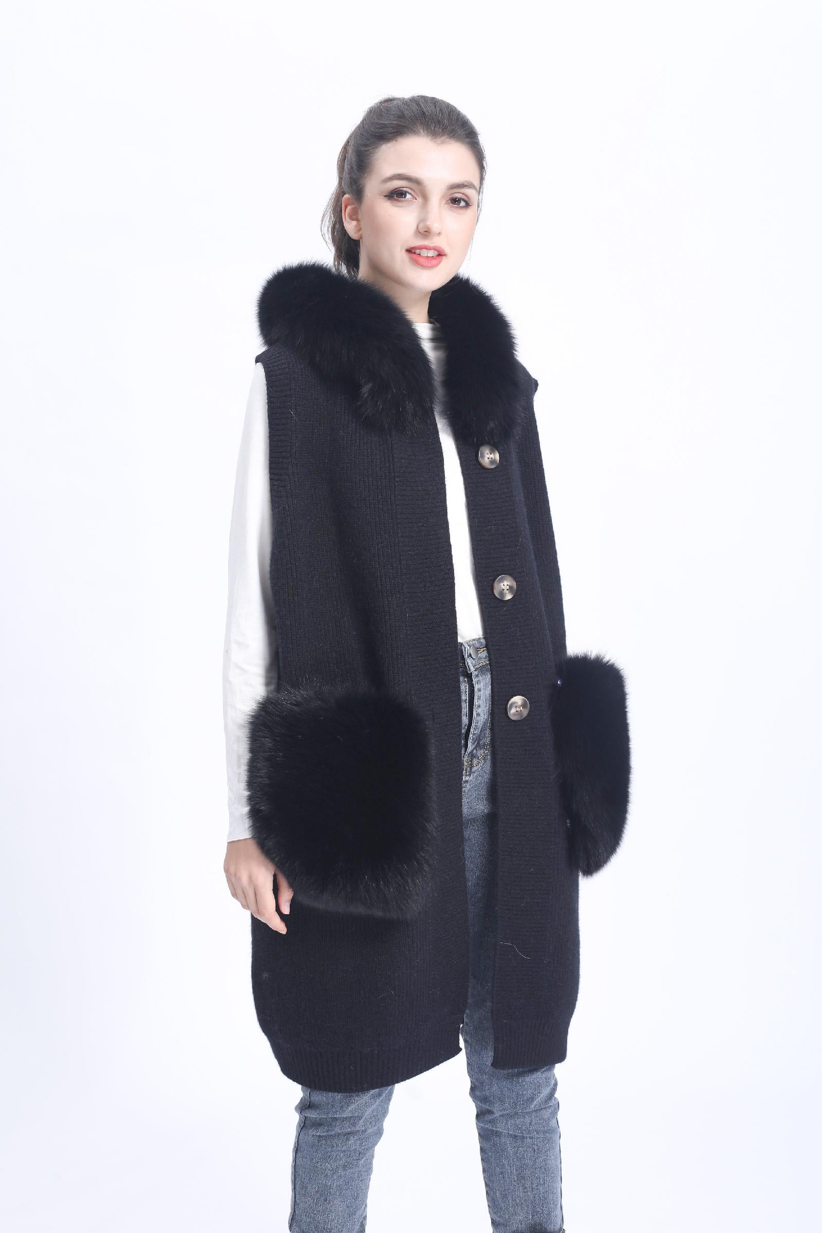 Women's Knitted Sweater Hooded Vest Sleeveless Button Down Cardigan Outwear Top with Pockets - Janefur