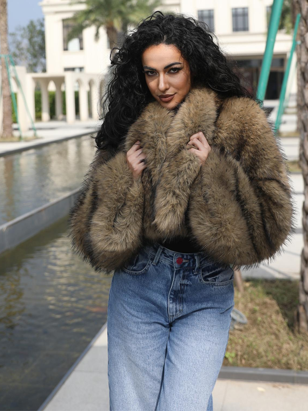 Eco-friendly Raccoon Fur Waistshow Coat for Women Fashion Trendy Faux Raccoon Fur Short Outer Coat - Janefur