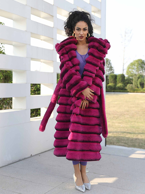 Janefur Fashionable Womens Eco-friendly Fur coat Long Hooded Chinchilla Fake Fur Jacket - Janefur