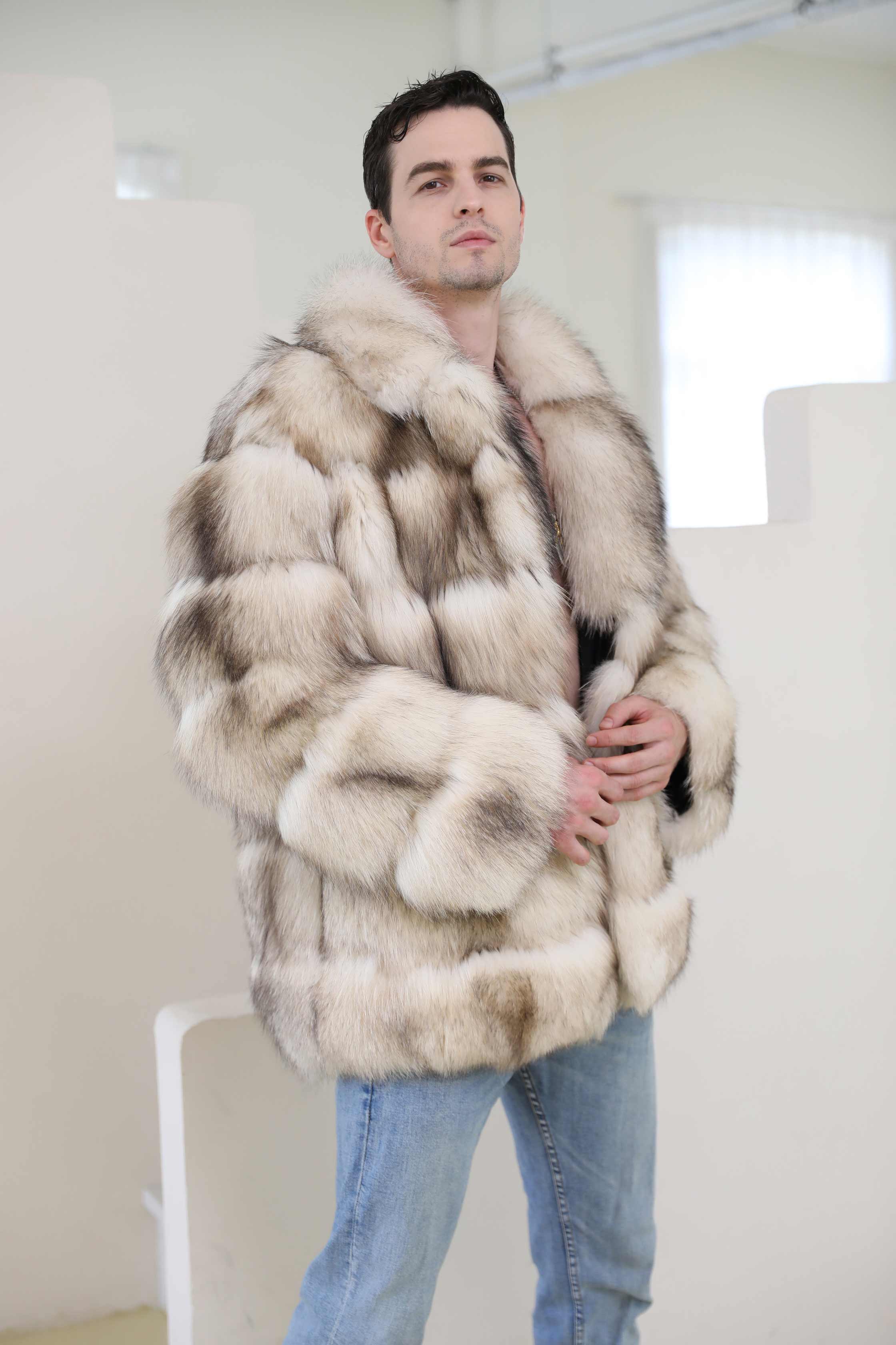 Stylish Design Loose Lapel Real Fox Fur Men's Luxury Coat - Janefur
