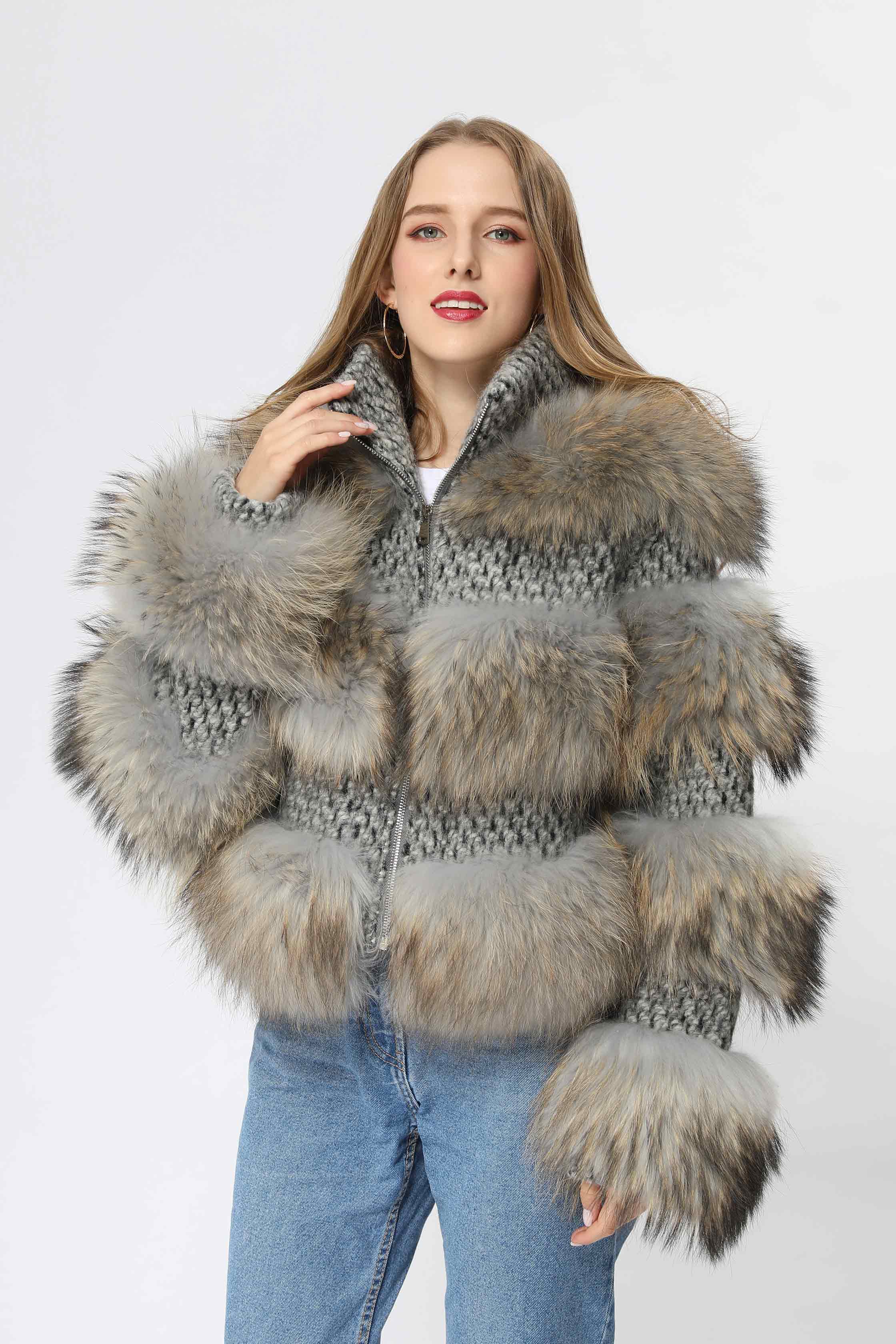 Fashion Women's Short Chanel Style Raccoon Fur Layered Coat - Janefur