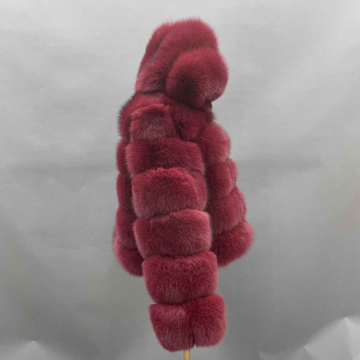 Women's Short Winter Trend Real Fox Fur Coat Solid Color Hooded - Janefur