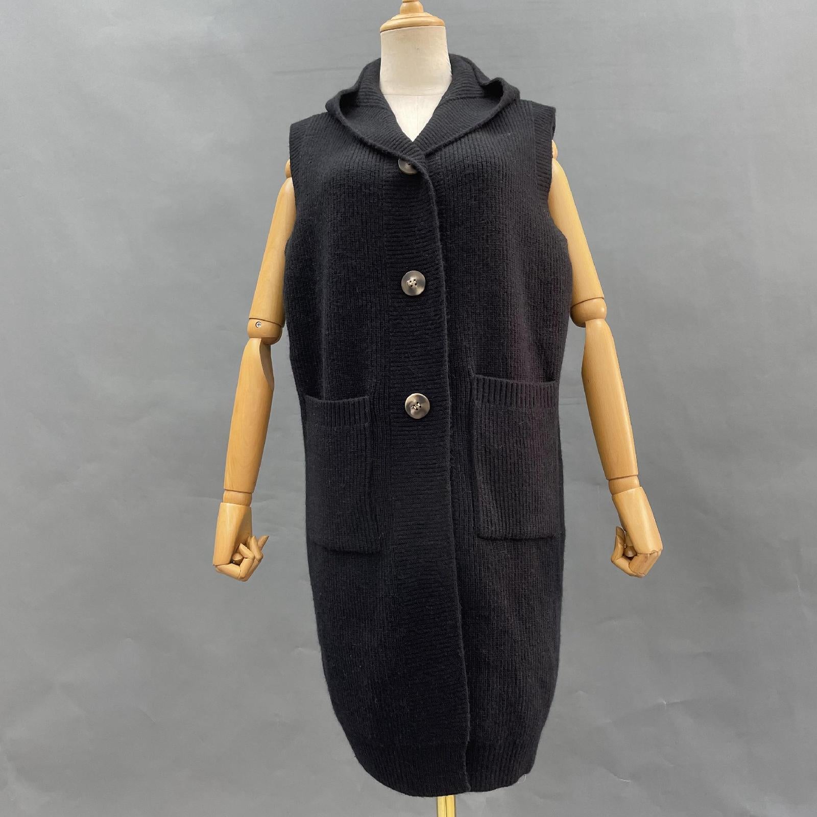 Women's Knitted Sweater Hooded Vest Sleeveless Button Down Cardigan Outwear Top with Pockets - Janefur