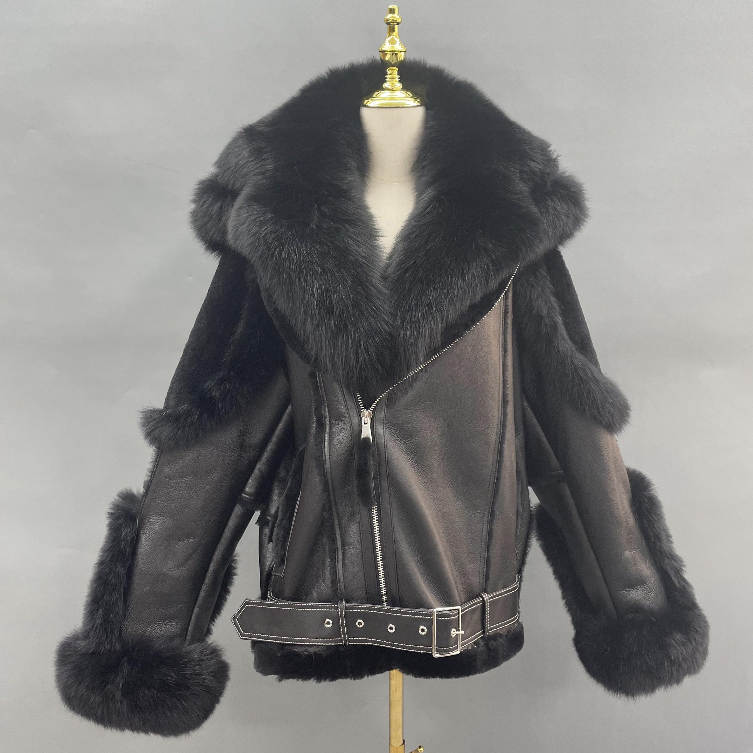 Men's Popular Motorcycle Style Fur Coat With Detachable Collar - Janefur