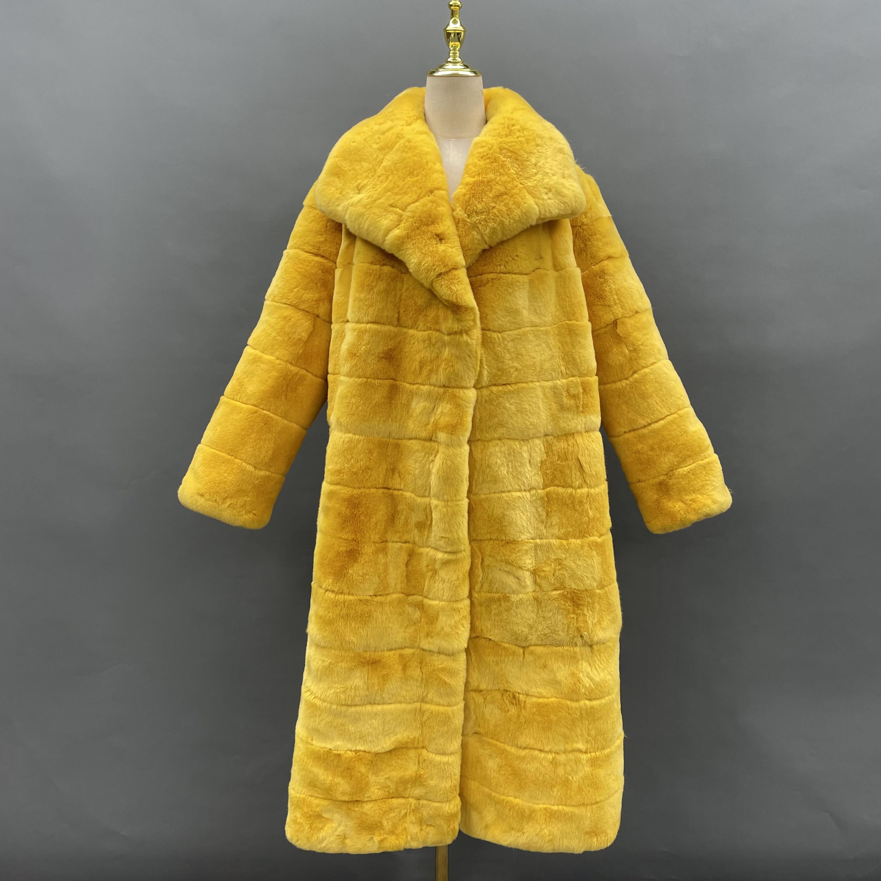 Ladies Real Rabbit Fur Lapel Long Solid Color Fur Coat - Janefur