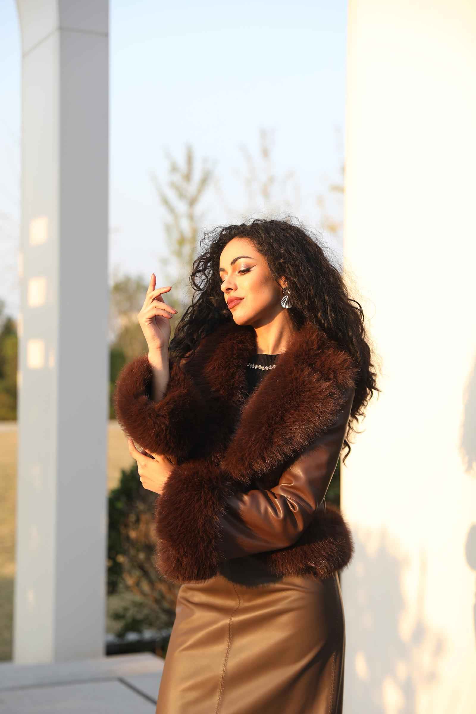 Eco-Friendly Leather-Like Faux Fur Trendy Suit Collar Buttoned Leather Coat - Janefur