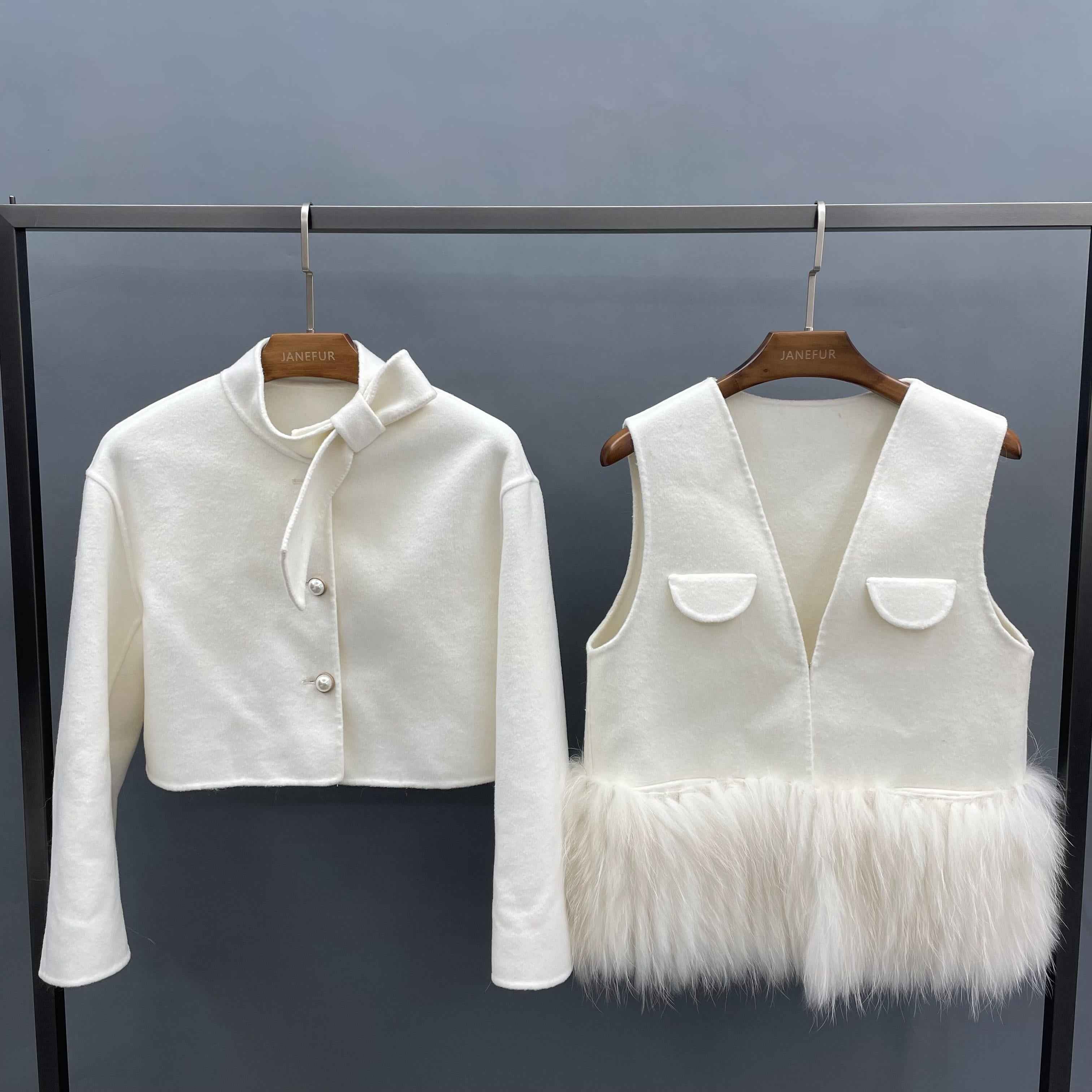Janefur Wholesale Women's Elegant Vintage 2-Piece Cashmere Wool Set Spring Outerwear Bulk Supply #2 White