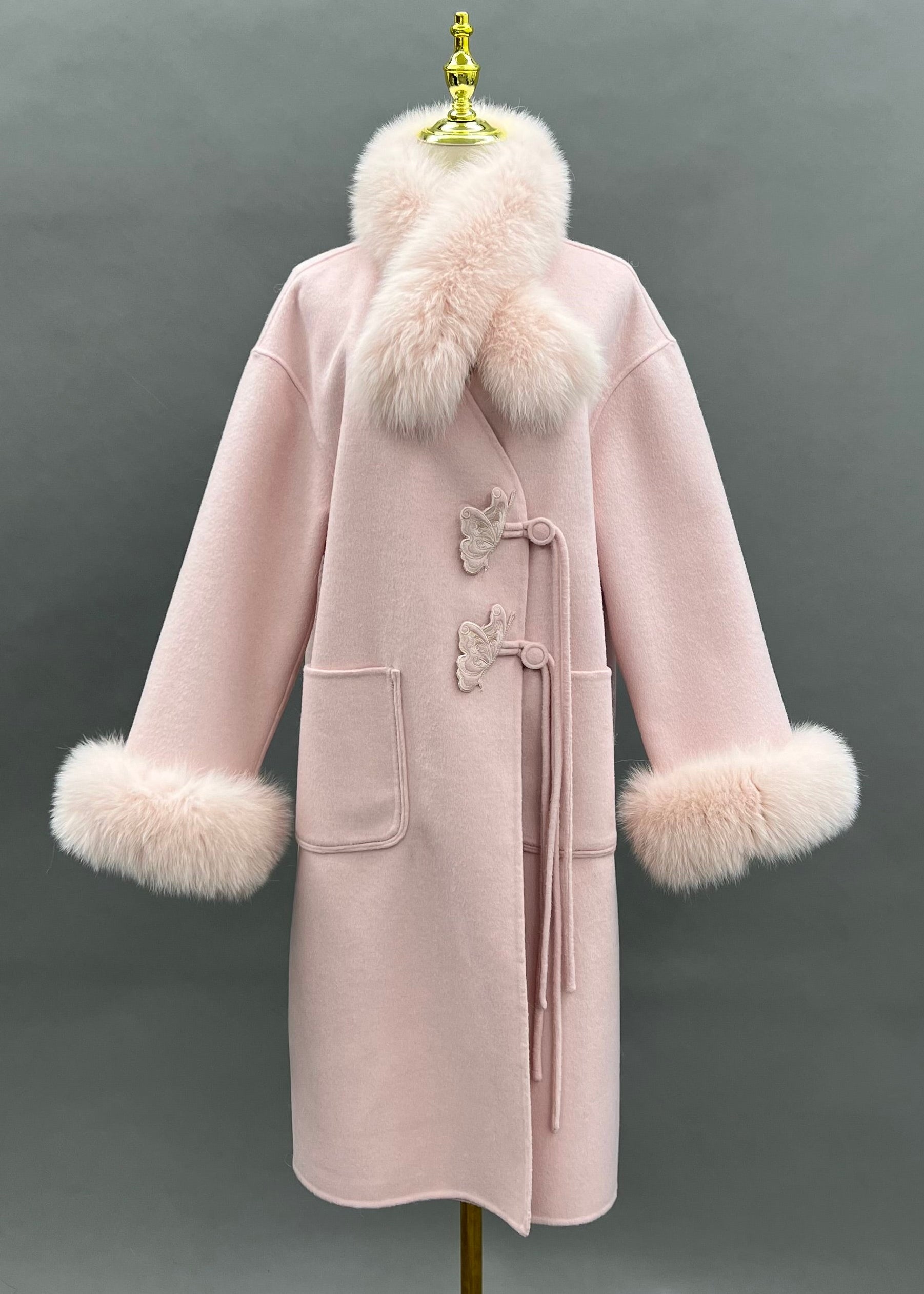Janefur Cashmere Wool Neo-Chinese Style Elegant Coat With Fur Snood Collar Women Wholesale #1 Pink
