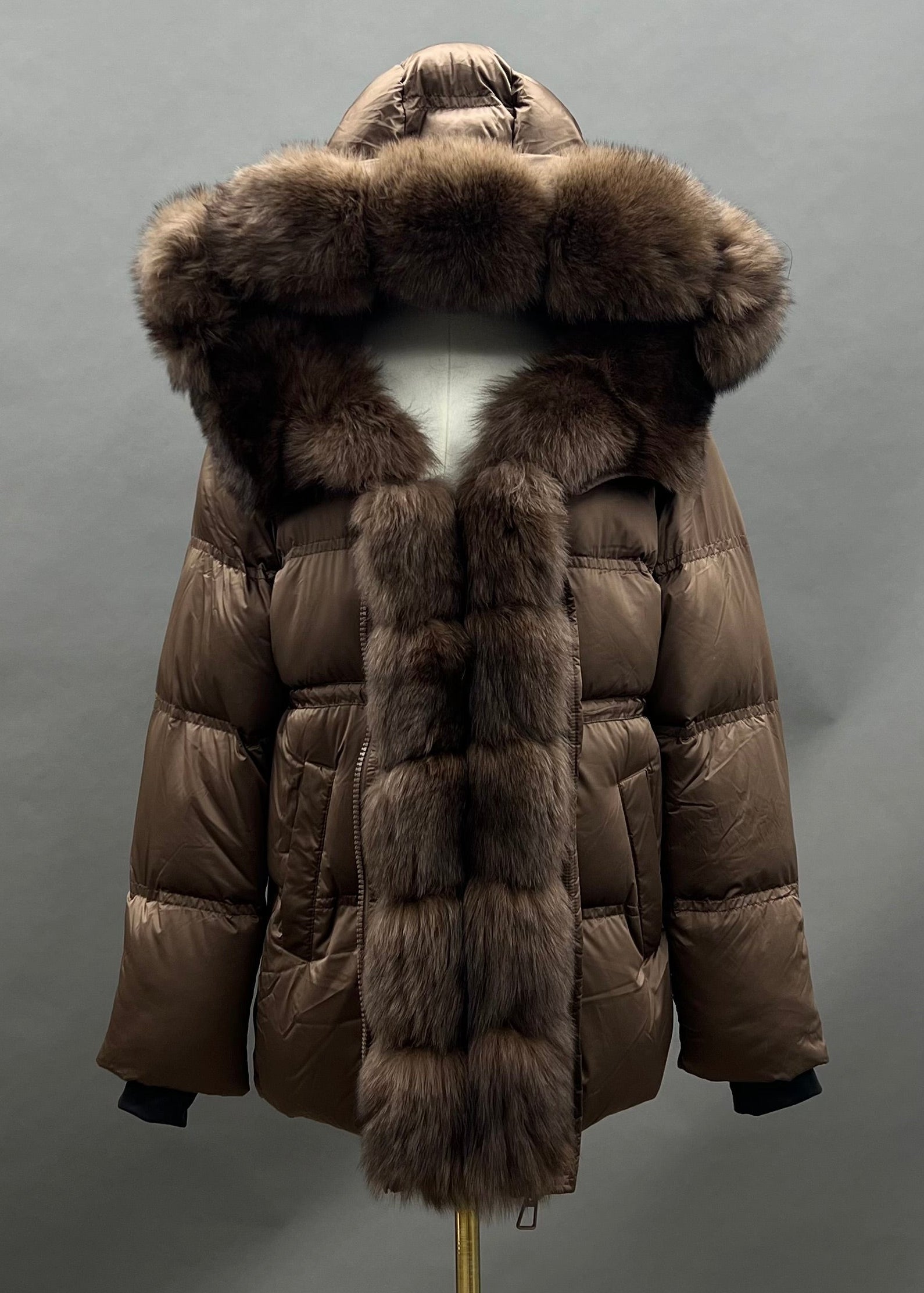 Janefur Segmented Genuine Fox Placket Fur Short Down Jacket Women Wholesale #4 Dark Brown