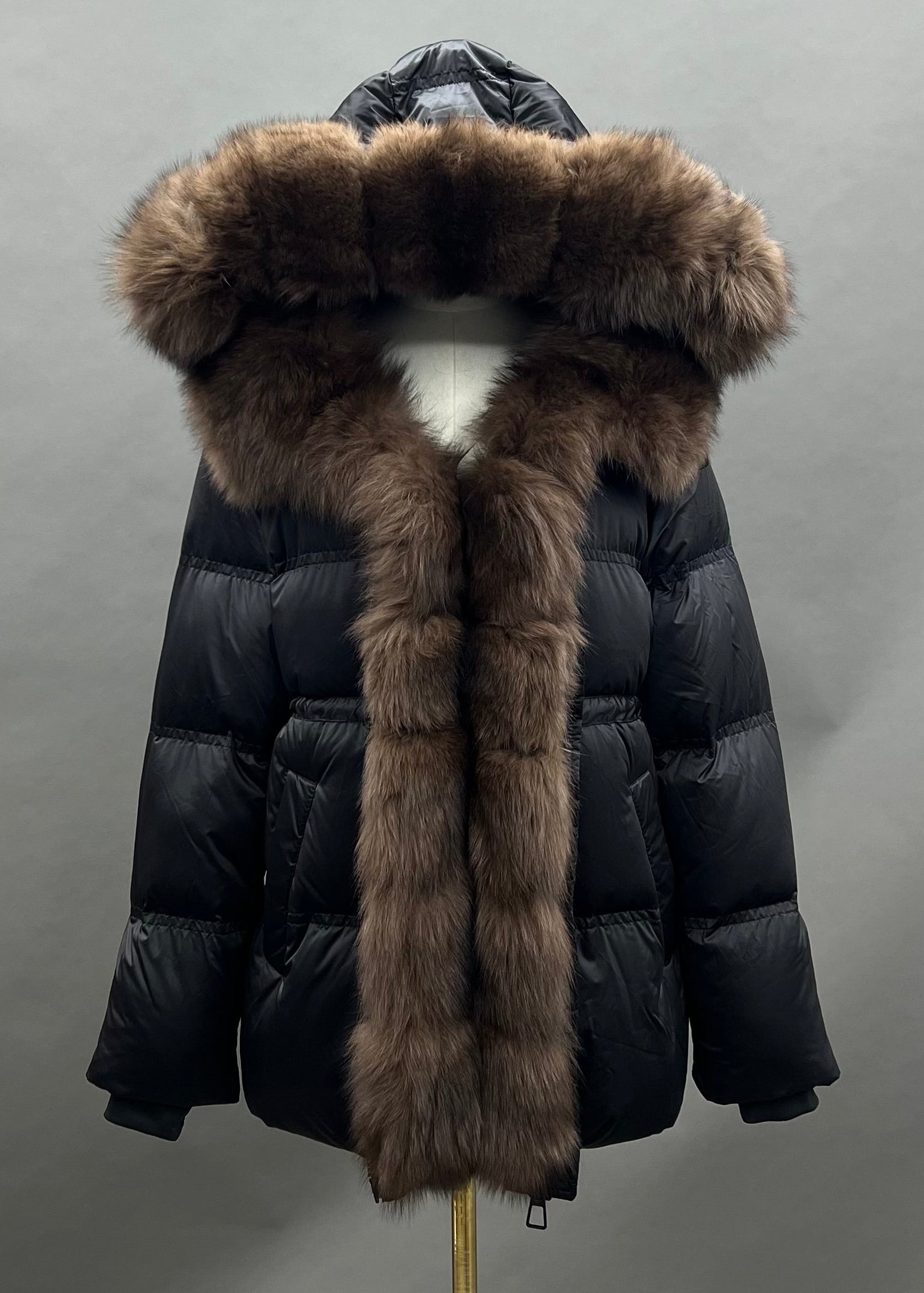 Janefur Segmented Genuine Fox Placket Fur Short Down Jacket Women Wholesale #5 Black + Dark Brown Fur