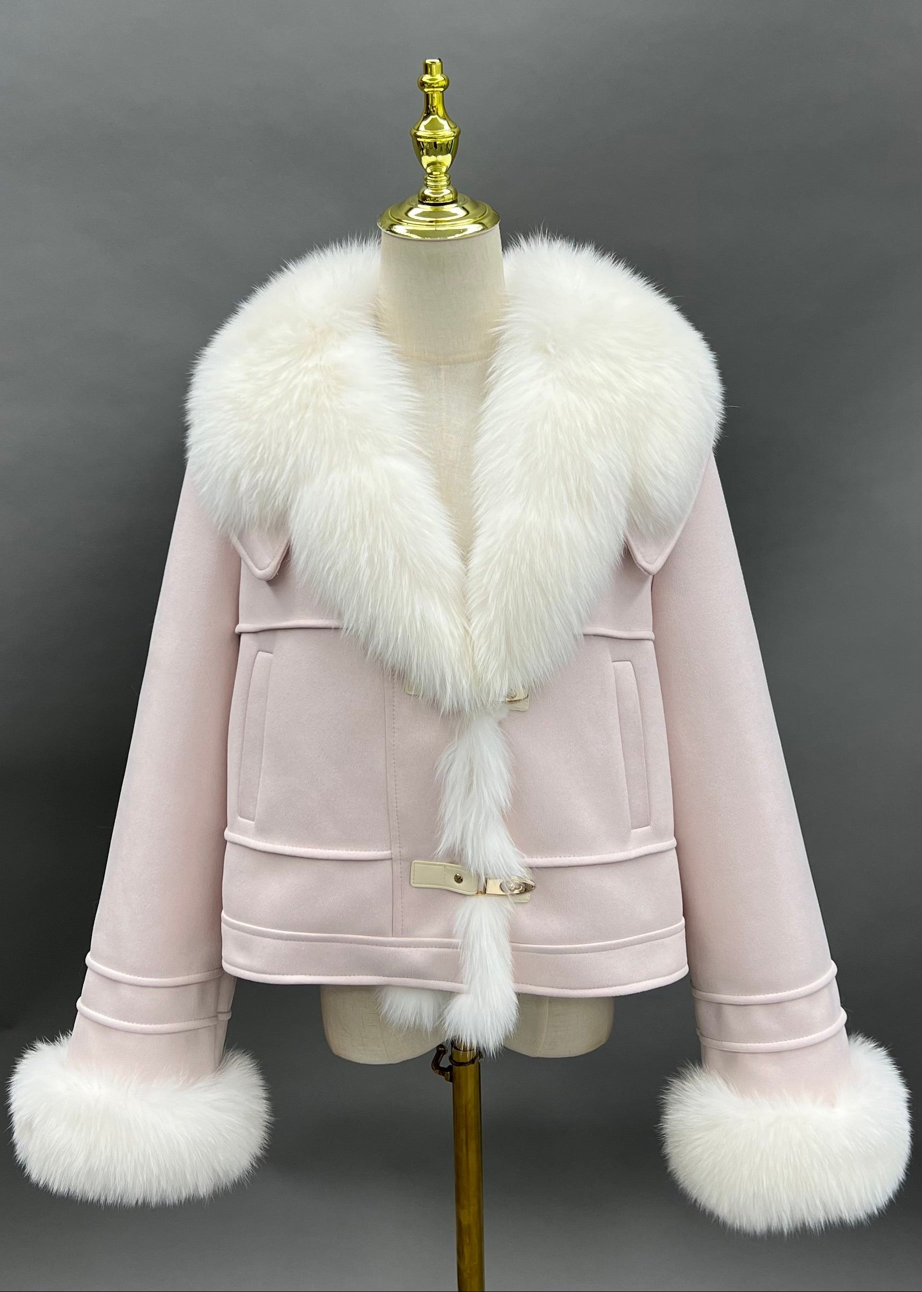 Janefur Suede Notch Lapel Fur-Trim Placket Down Jacket Women Wholesale #2 Light Pink