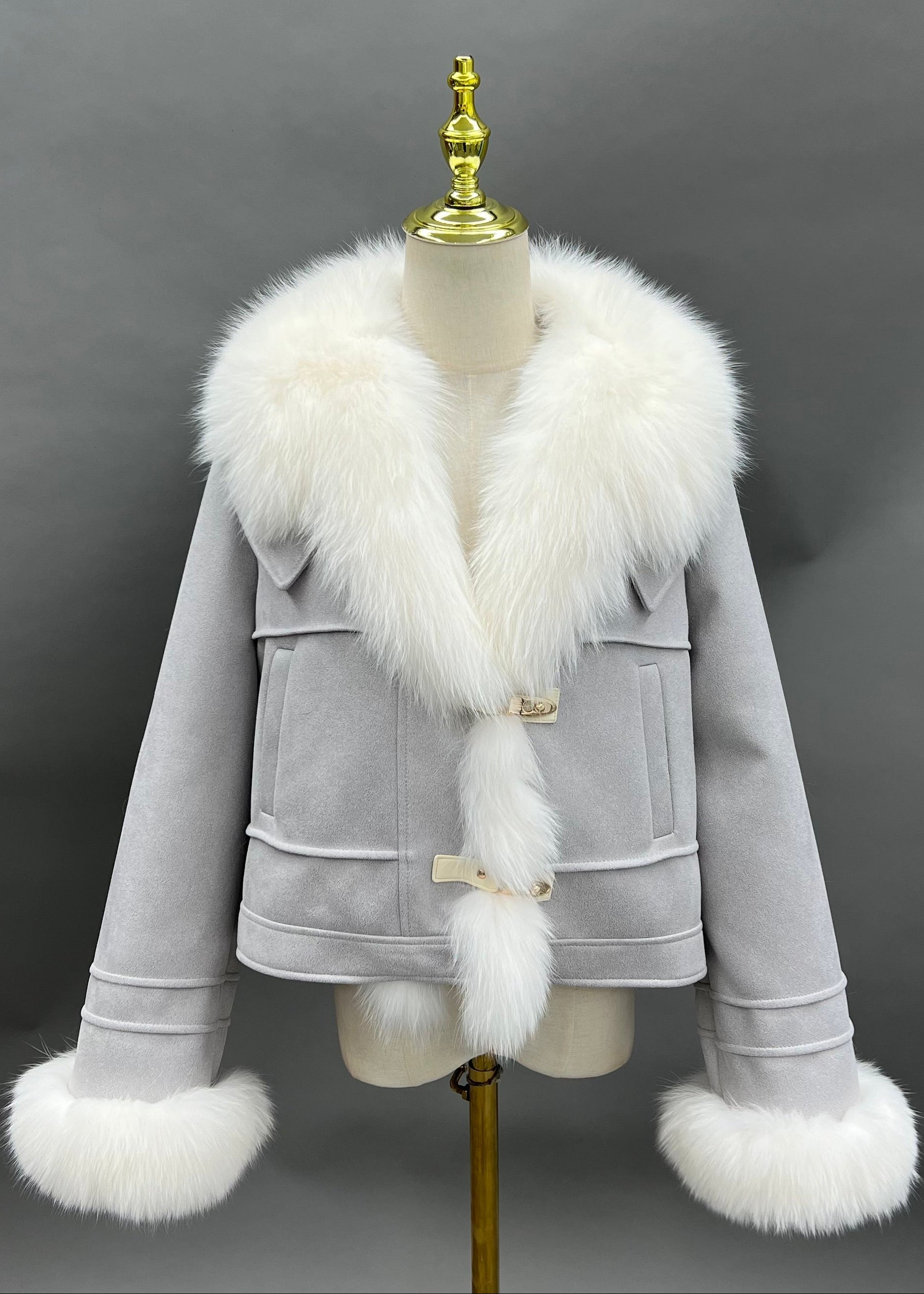 Janefur Suede Notch Lapel Fur-Trim Placket Down Jacket Women Wholesale #3 Light Gray Blue