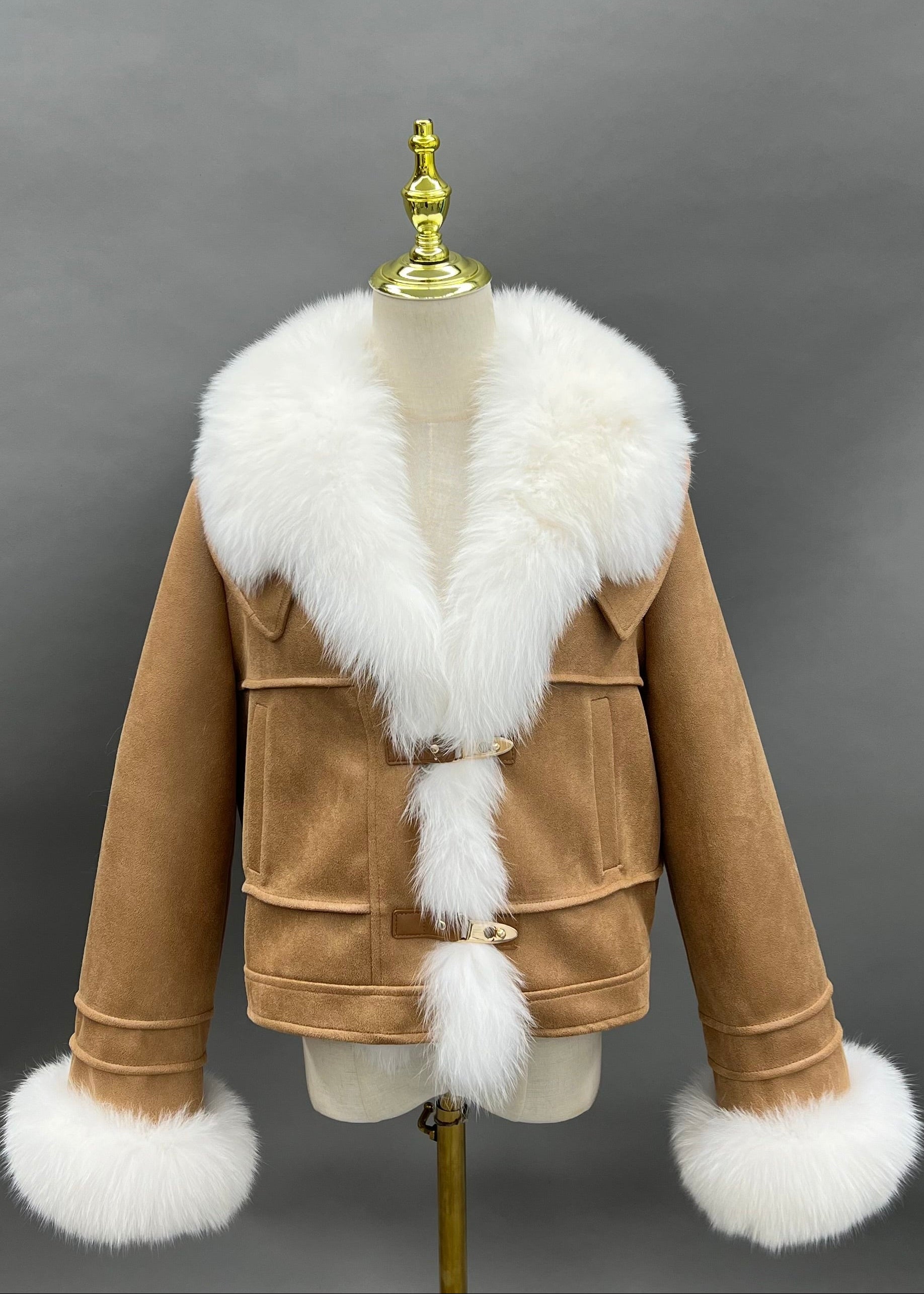 Janefur Suede Notch Lapel Fur-Trim Placket Down Jacket Women Wholesale #4 Camel
