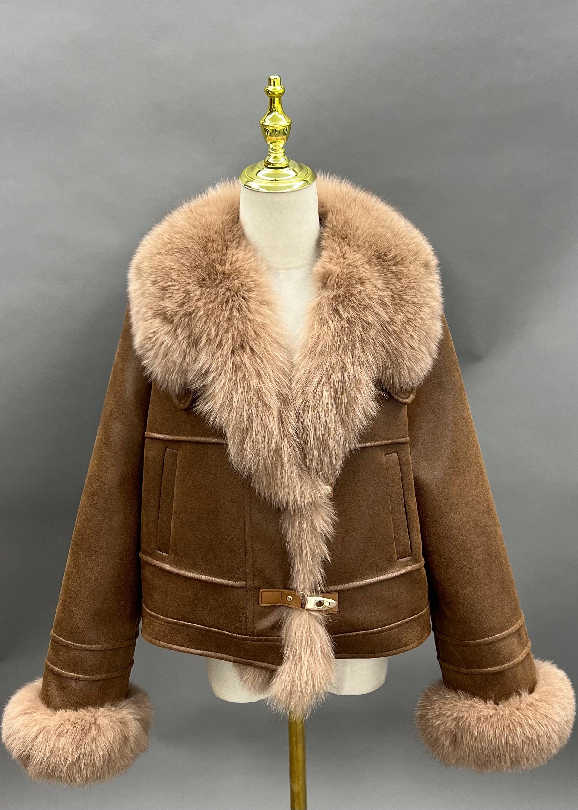Janefur Suede Notch Lapel Fur-Trim Placket Down Jacket Women Wholesale #5 Caramel
