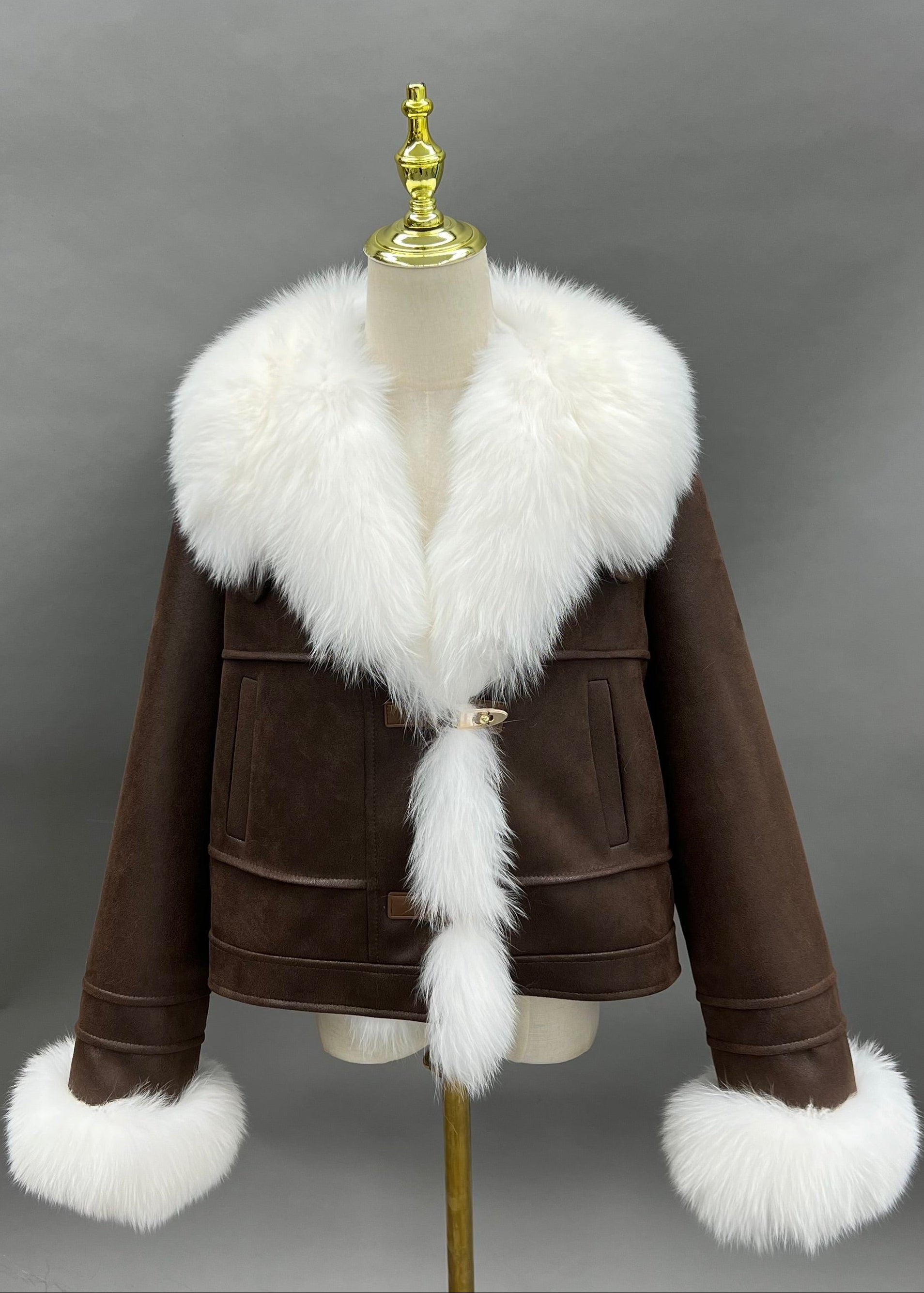 Janefur Suede Notch Lapel Fur-Trim Placket Down Jacket Women Wholesale #6 Dark Brown