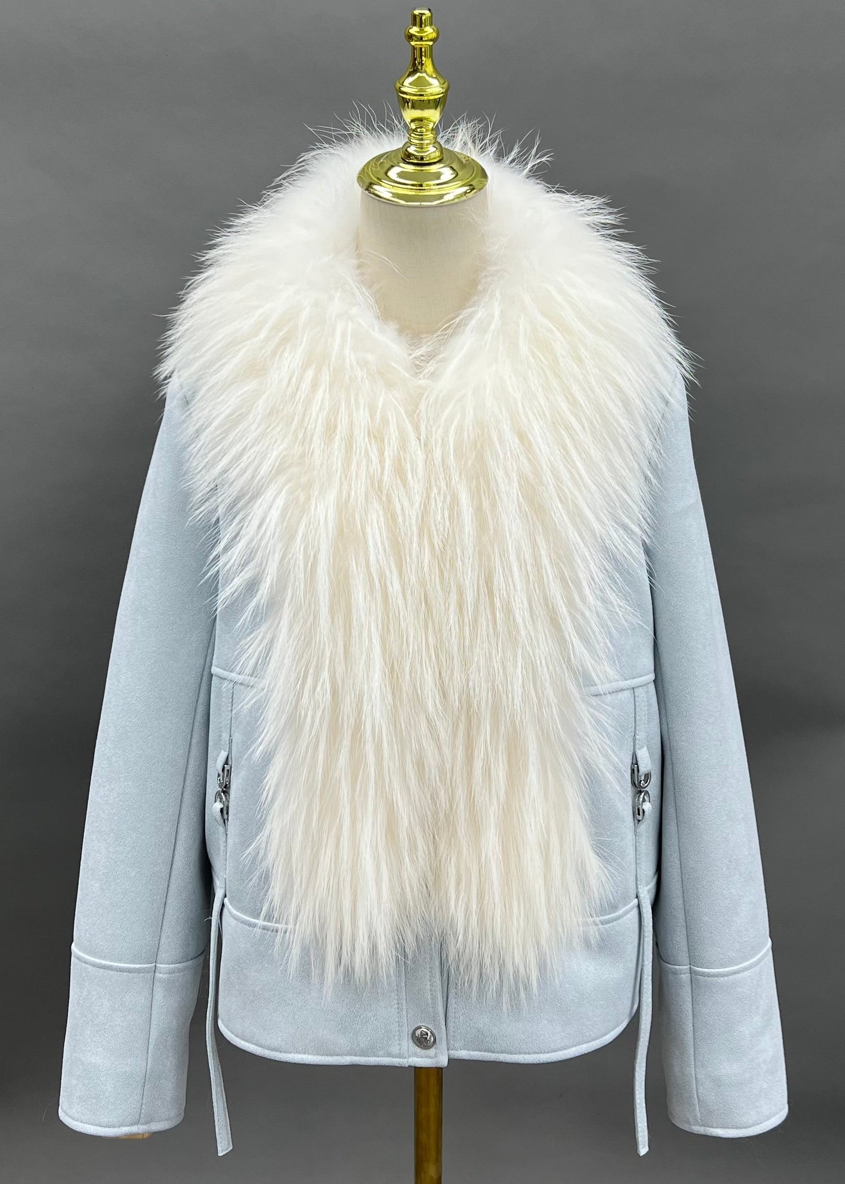 Janefur Women's Real Raccoon Fur Placket Down Jacket Wholesale Bulk Supply #1 Light Blue