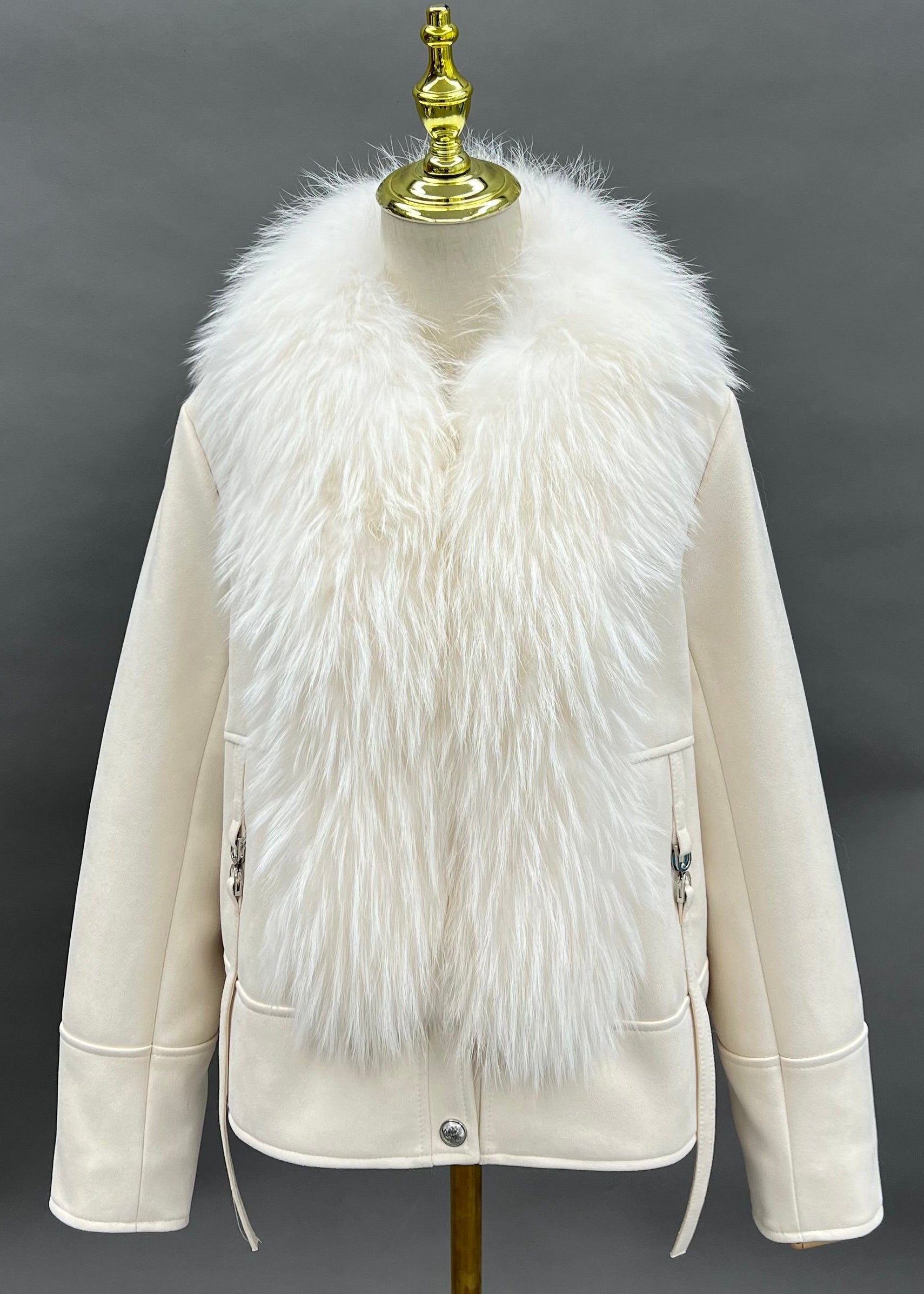 Janefur Women's Real Raccoon Fur Placket Down Jacket Wholesale Bulk Supply #3 Beige